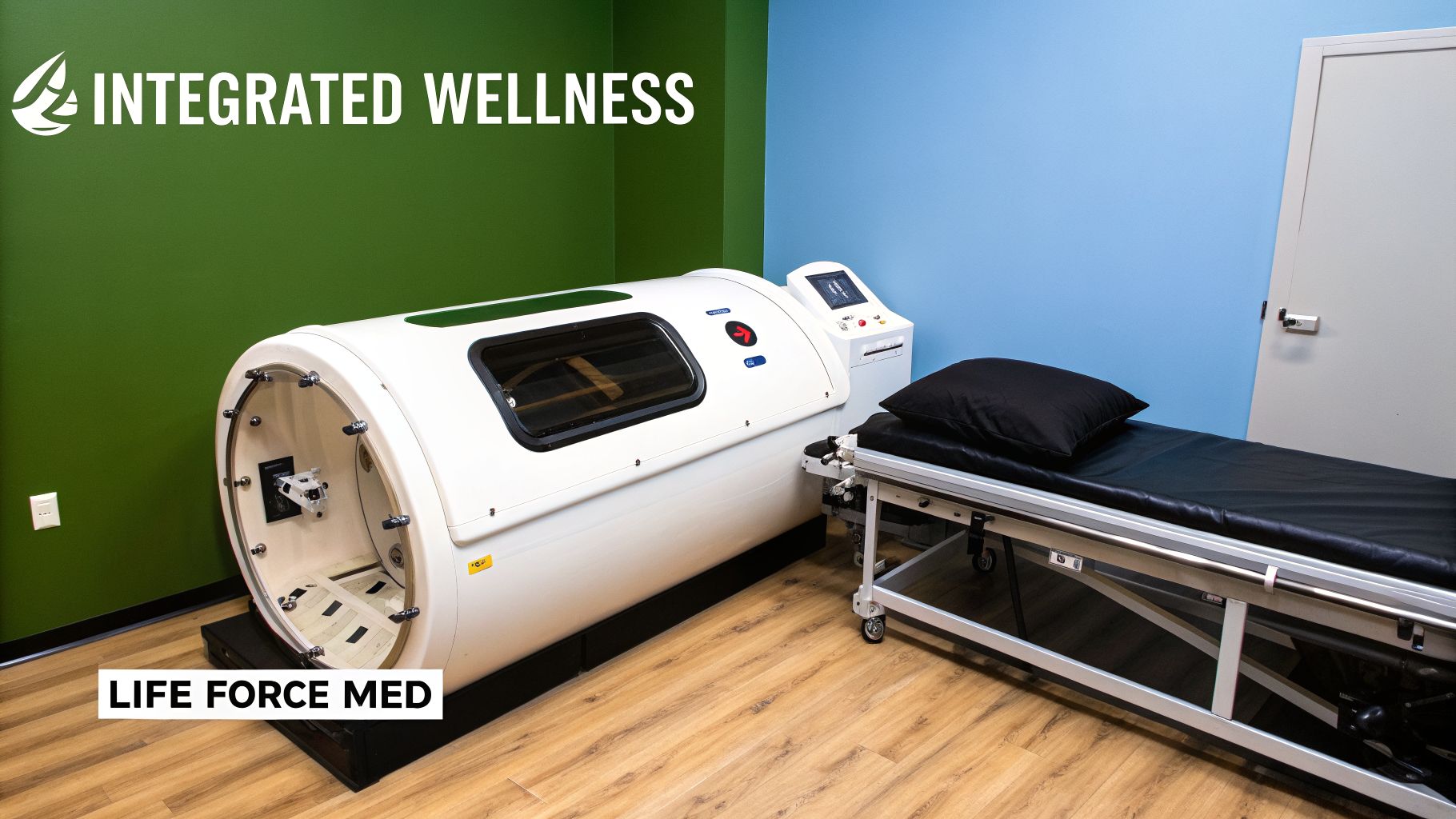 A hyperbaric oxygen therapy chamber next to an examination table in a wellness clinic room.