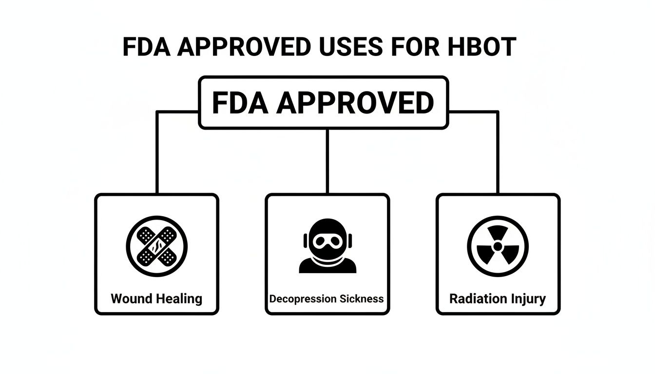 A diagram illustrating the three FDA-approved uses for HBOT: wound healing, decompression sickness, and radiation injury.