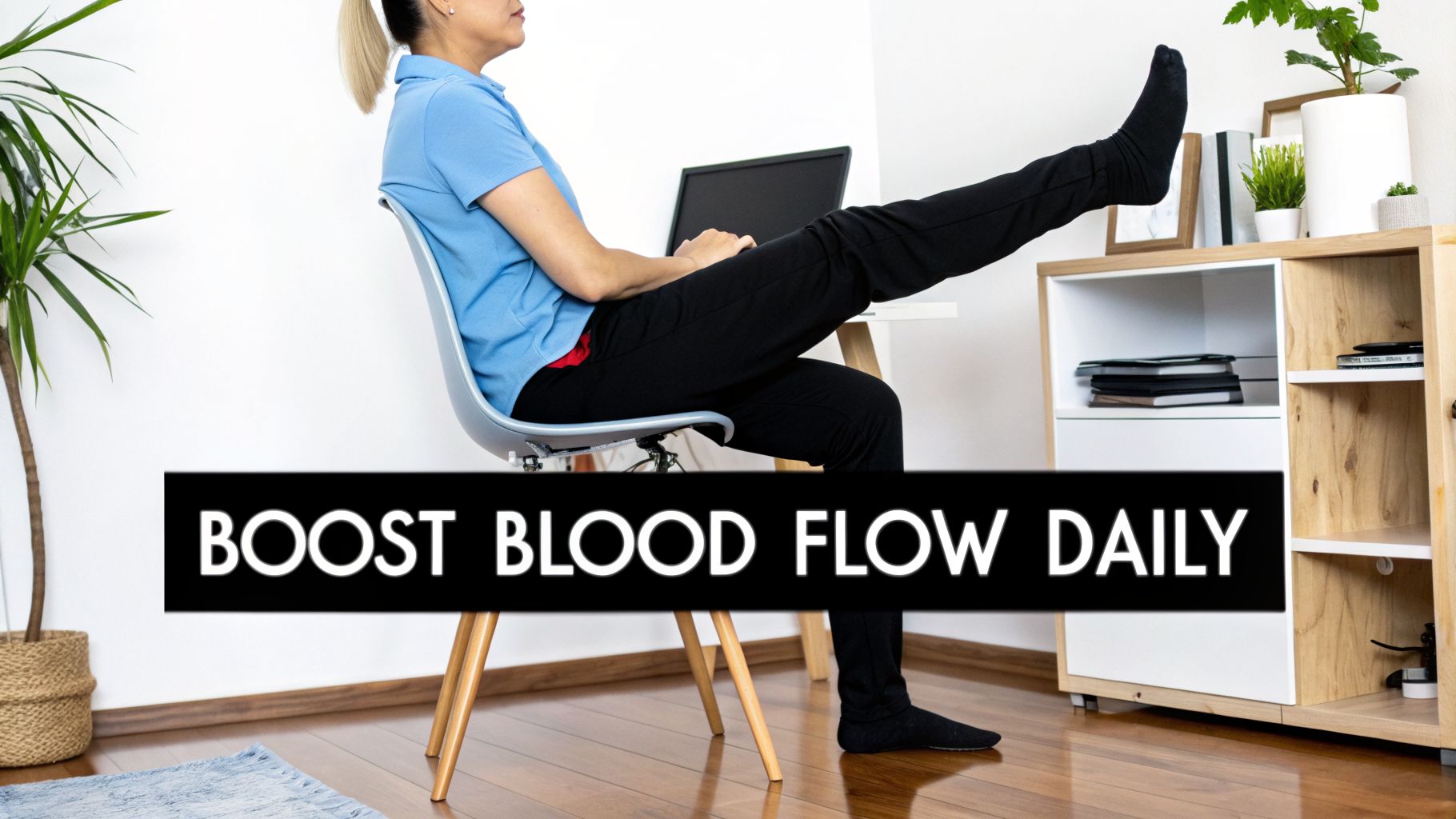 A person doing a leg exercise while seated to boost blood flow daily in a home office.