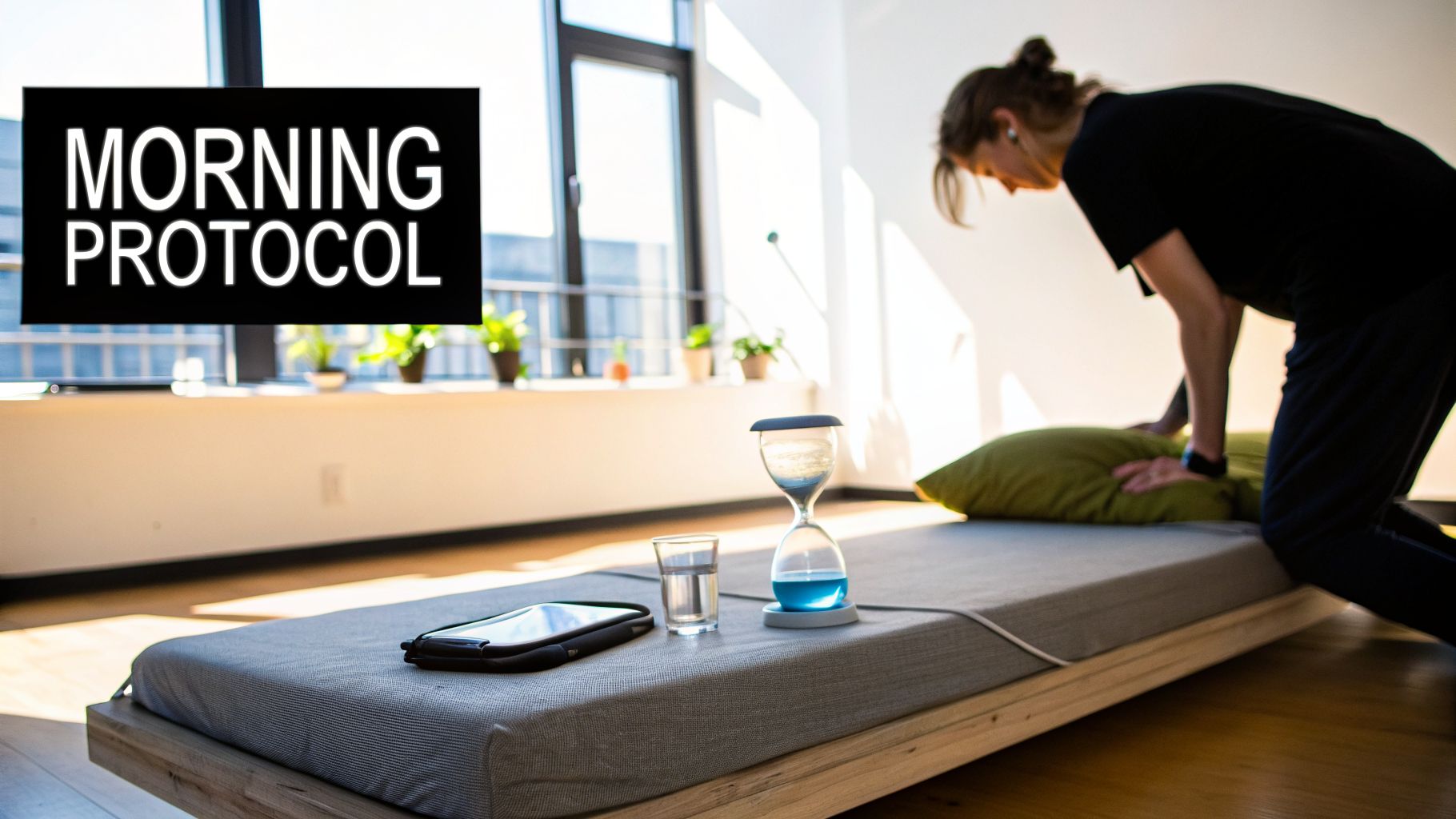 A person begins their morning protocol, stretching on a low bed with an hourglass and water nearby.