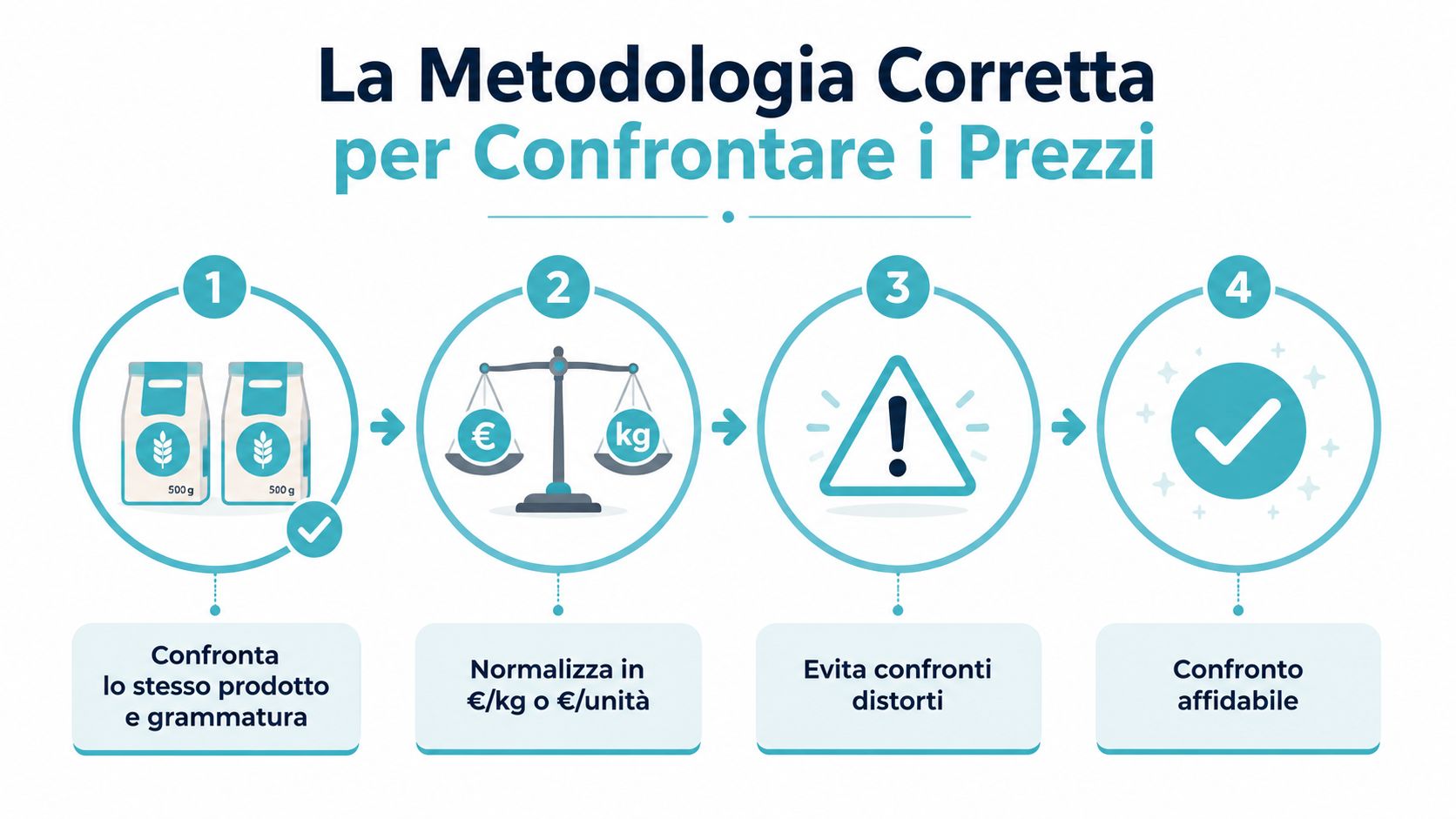 Infografica che spiega la corretta metodologia per confrontare i prezzi dei prodotti al supermercato in quattro passi.