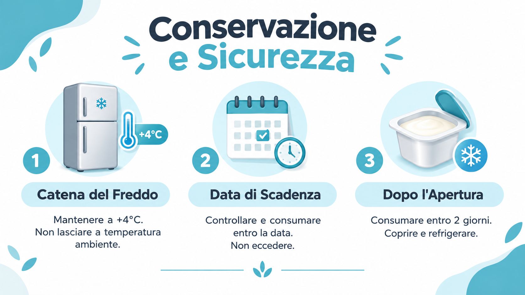 Infografica sulla conservazione e sicurezza alimentare che illustra la catena del freddo, le scadenze e l'apertura.