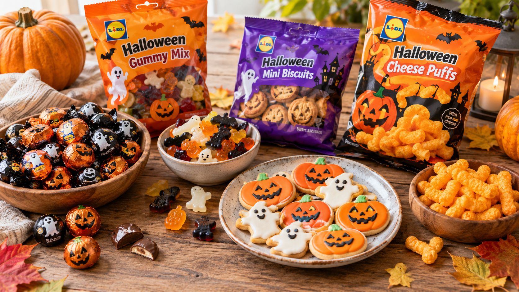 Vari assortimenti di snack dolci e salati a tema Halloween firmati Lidl su un tavolo rustico.