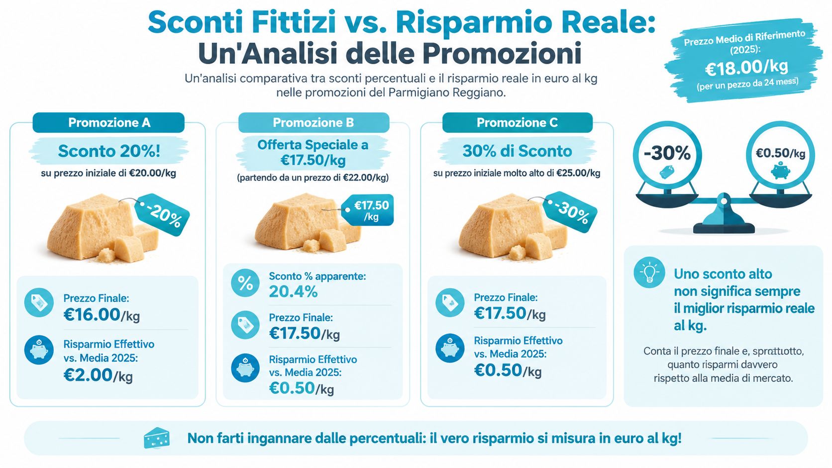 Analisi comparativa che mostra come gli sconti percentuali non sempre garantiscano il miglior risparmio sul Parmigiano Reggiano.