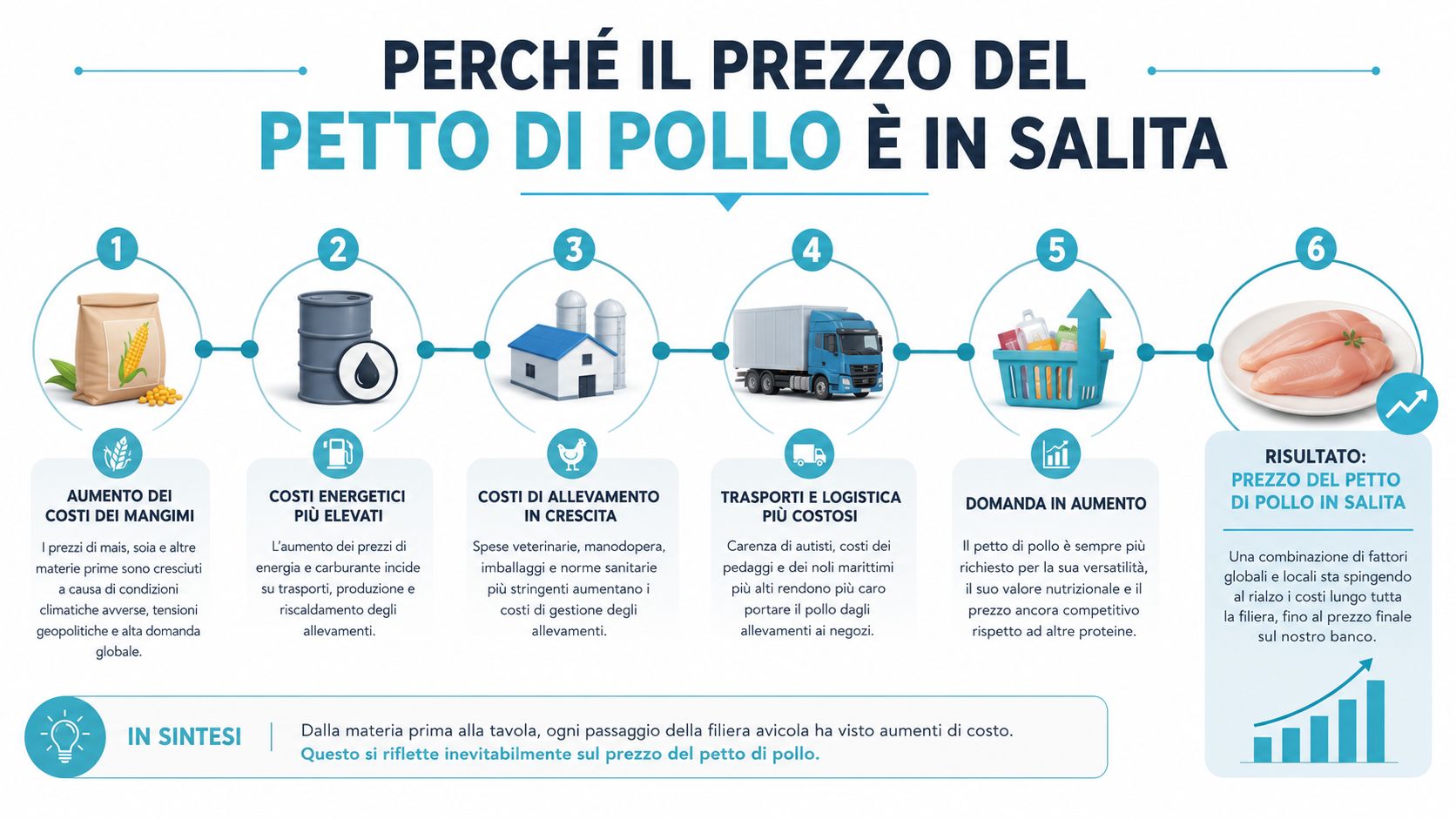 Infografica che spiega le cause dell'aumento dei prezzi del petto di pollo nella filiera alimentare italiana.