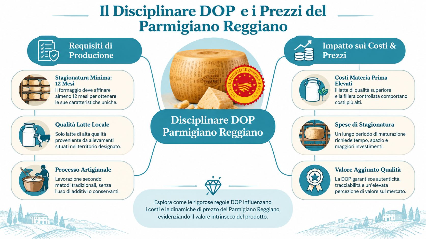 Infografica che illustra come il disciplinare DOP influenzi la qualità e il prezzo del Parmigiano Reggiano italiano.