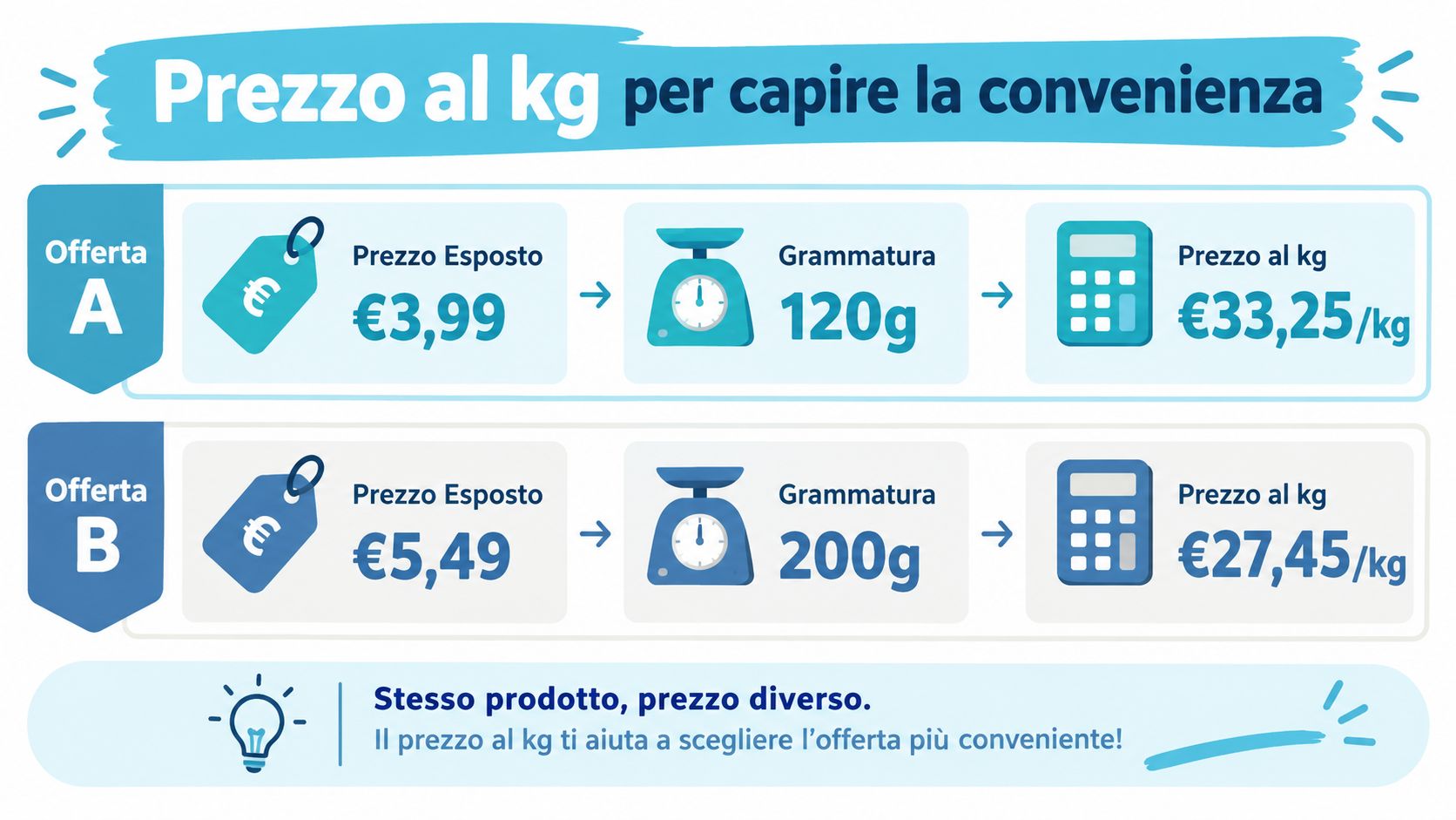Grafica informativa che illustra come calcolare il prezzo al chilogrammo per confrontare due diverse offerte commerciali.