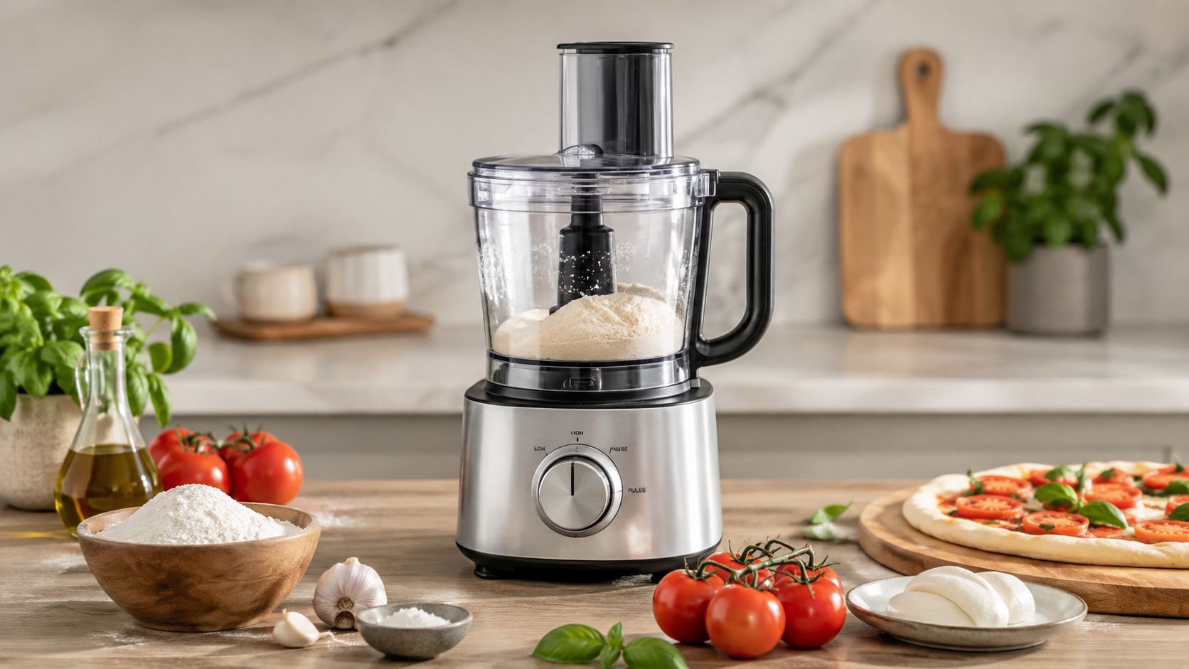 Un robot da cucina moderno posizionato sul bancone della cucina con ingredienti freschi per preparare una pizza.