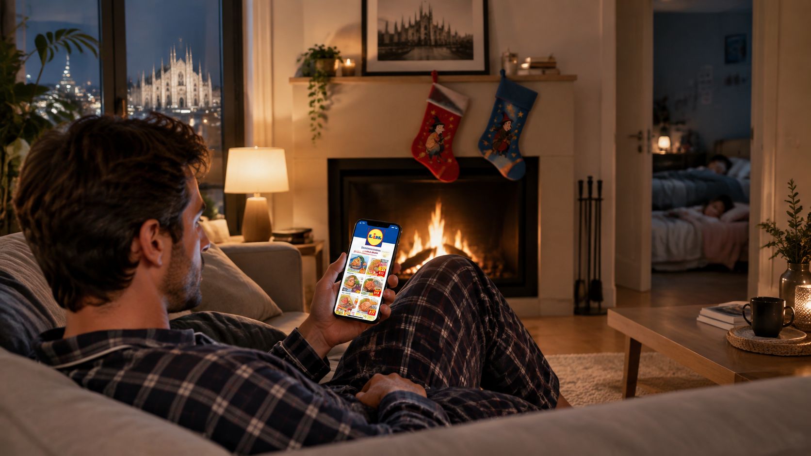 Un uomo si rilassa sul divano davanti al camino guardando l'app Lidl per la Befana