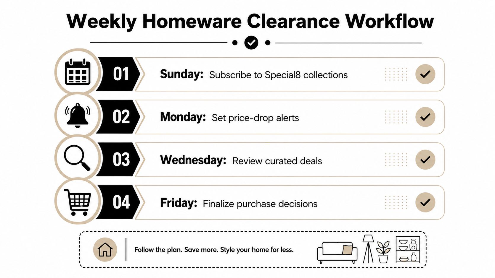 A weekly homeware clearance workflow chart featuring steps for subscribing, setting alerts, reviewing deals, and purchasing.