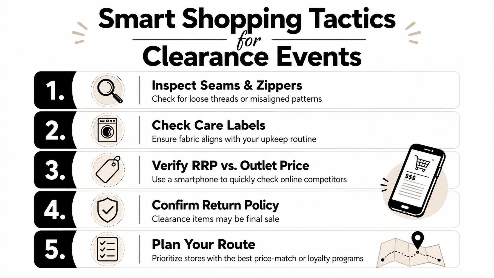 A list of five smart shopping tactics for navigating clearance events shown on an infographic.