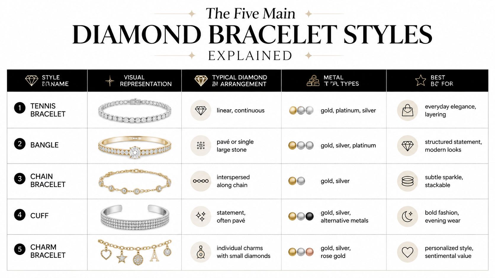 An infographic showing the five main diamond bracelet styles including tennis, bangle, chain, cuff, and charm bracelets.