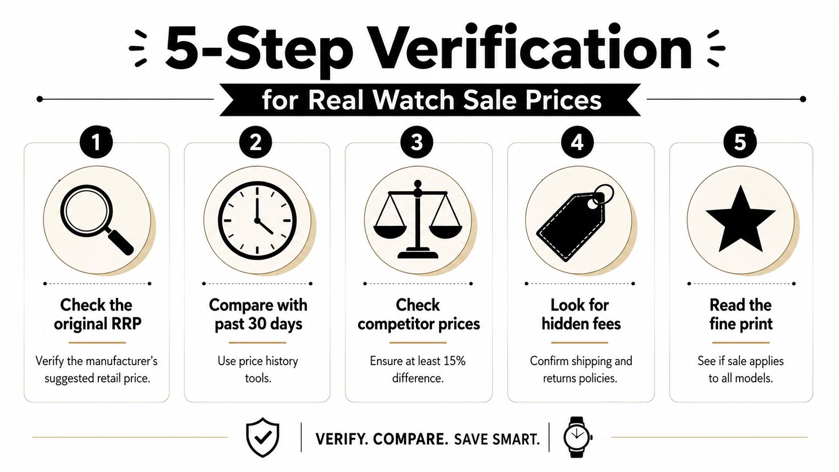 An infographic detailing five essential steps for verifying the legitimacy of watch sale prices and discounts.