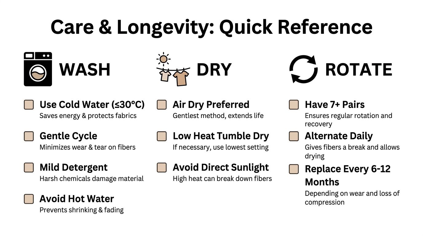 A care and longevity guide infographic for apparel featuring sections on washing, drying, and rotating techniques.