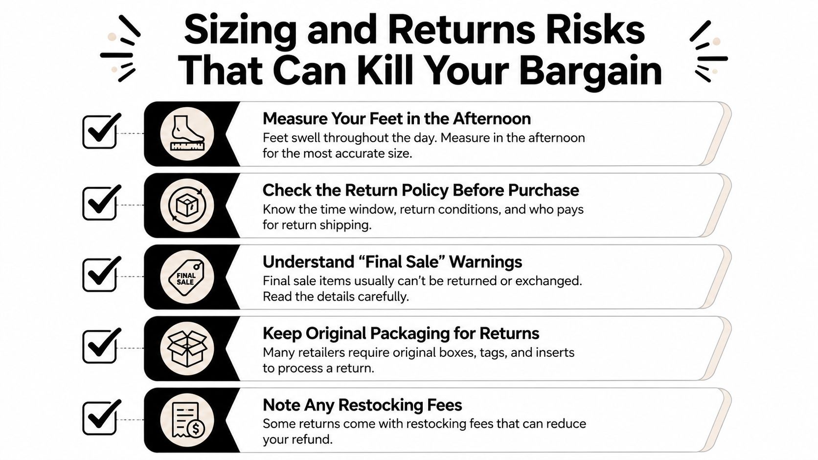 A checklist infographic illustrating key tips for managing online footwear sizing and return policies to avoid losing money.