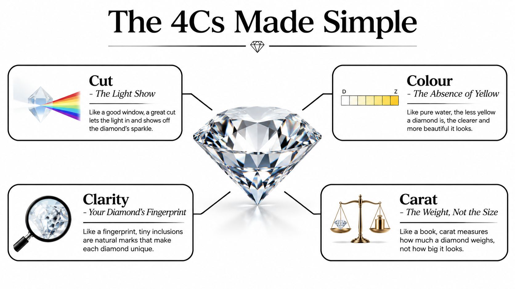 An infographic explaining the 4Cs of diamonds: cut, color, clarity, and carat with descriptive icons.