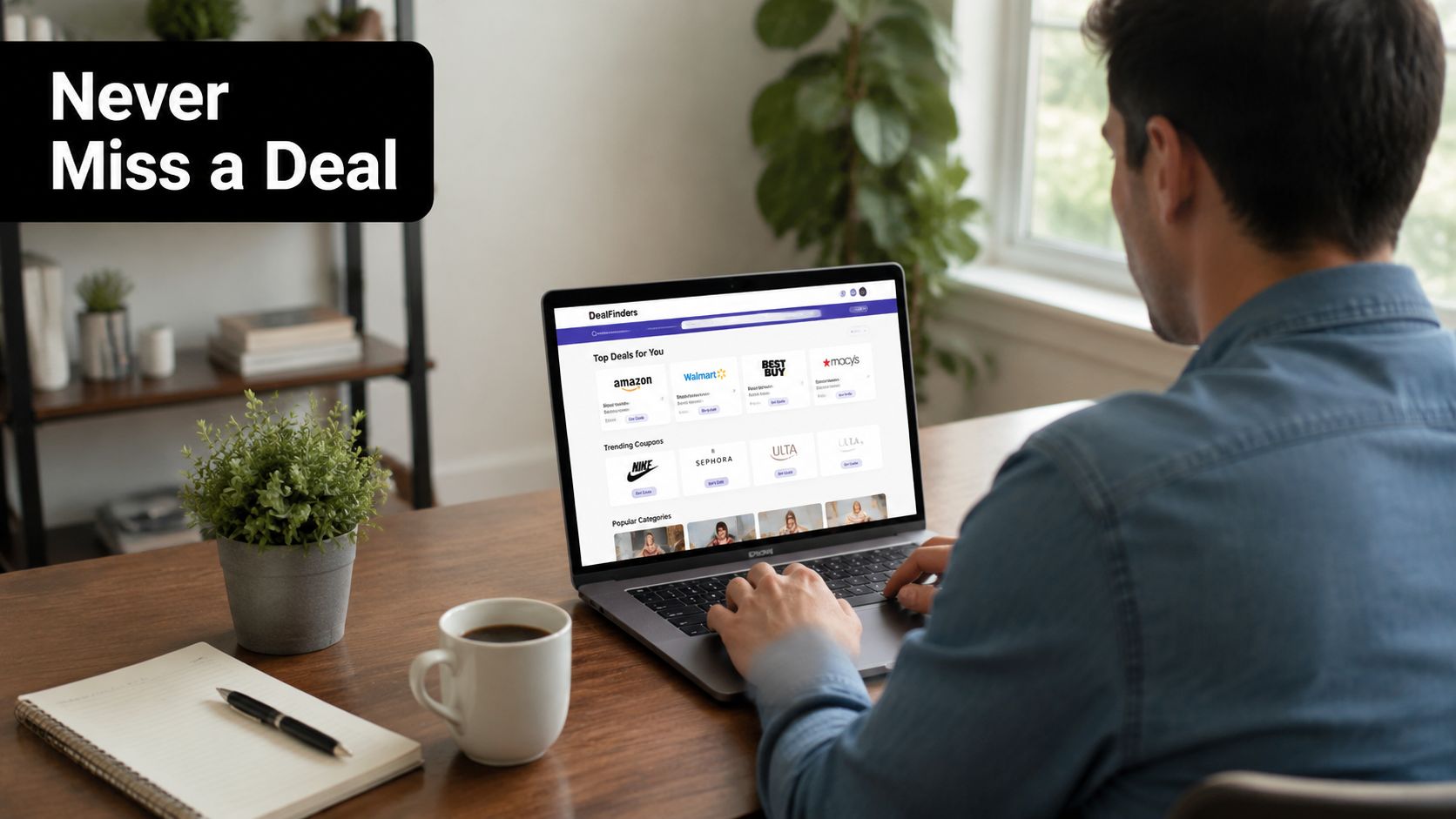 A person sitting at a wooden desk using a laptop to browse deals on a website.