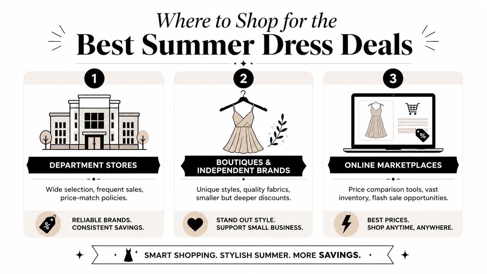 A helpful infographic guide illustrating three key places to find the best deals on summer dresses.