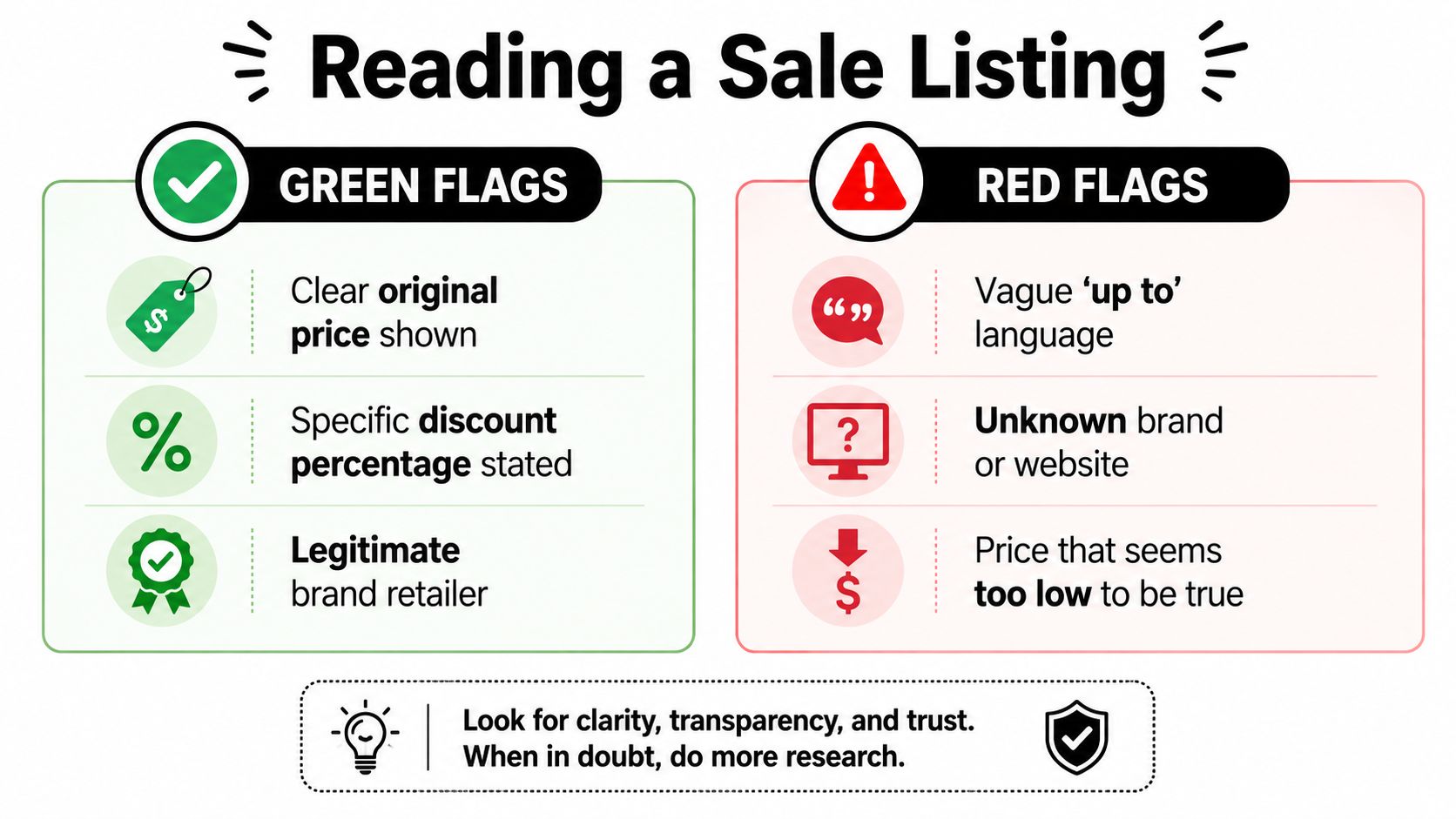 An infographic displaying green flags and red flags to consider when evaluating an online sale listing.