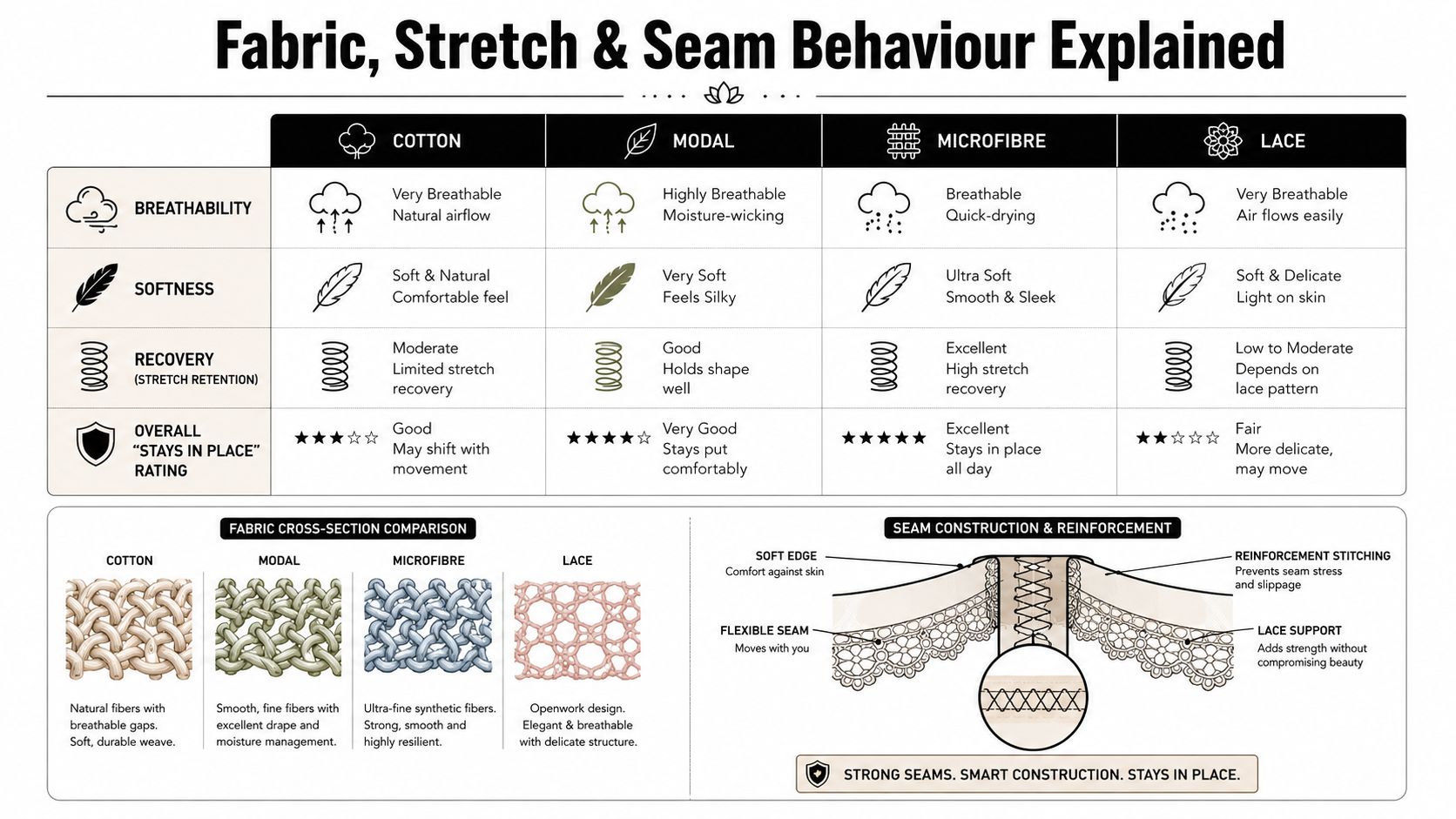 A comparison chart explaining the properties of fabric types like cotton, modal, microfiber, and lace for apparel.