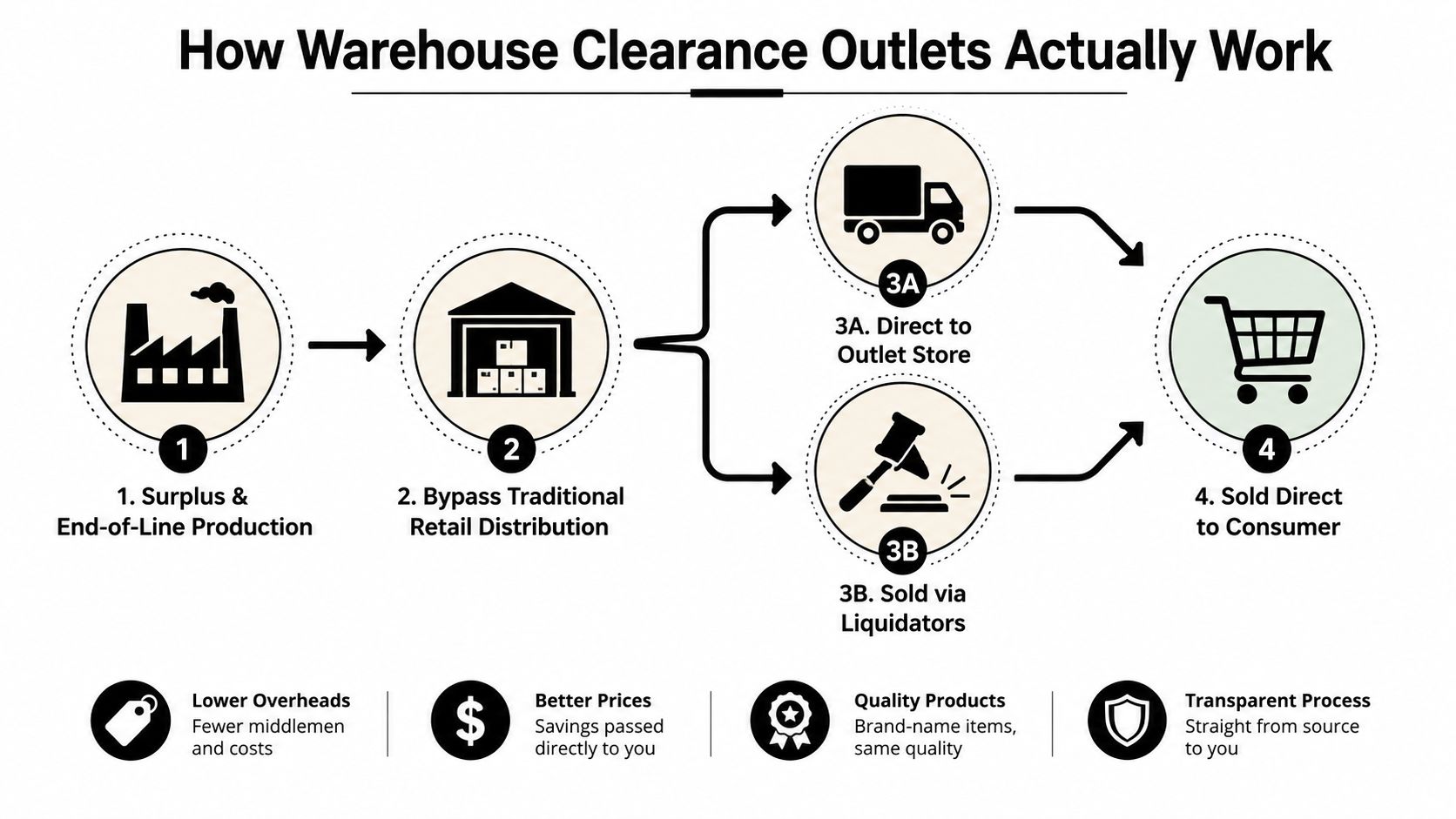 A diagram explaining how warehouse clearance outlets work by bypassing traditional retail distribution to provide lower prices.