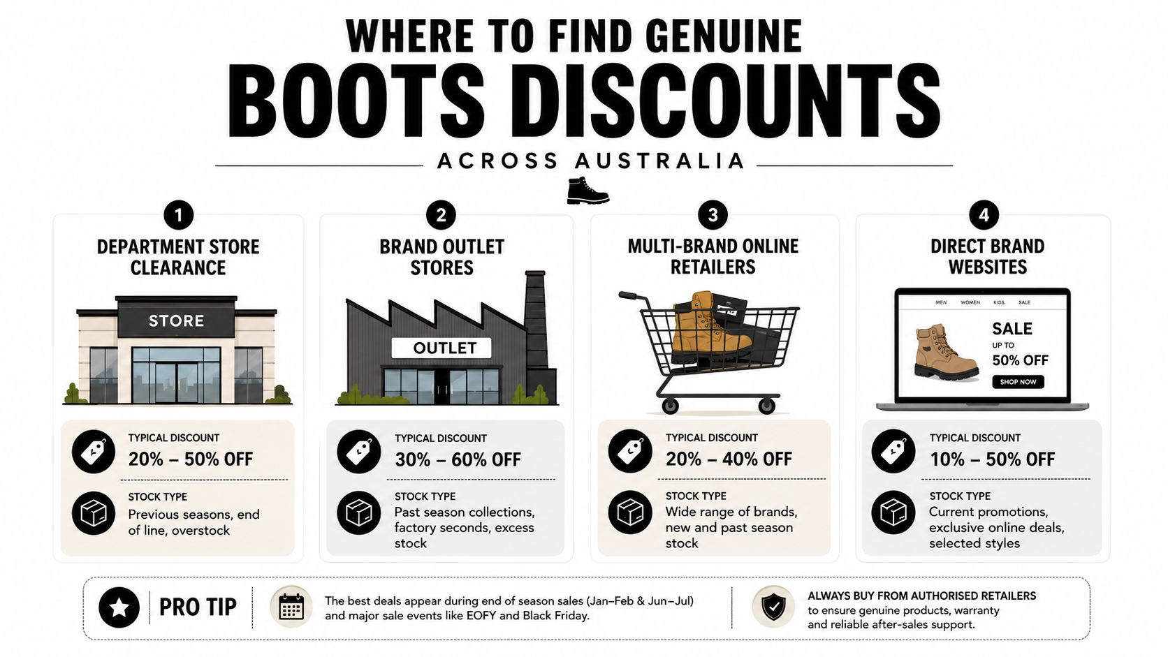 An infographic showing four common places to find genuine boots sale discounts across Australia for consumers.