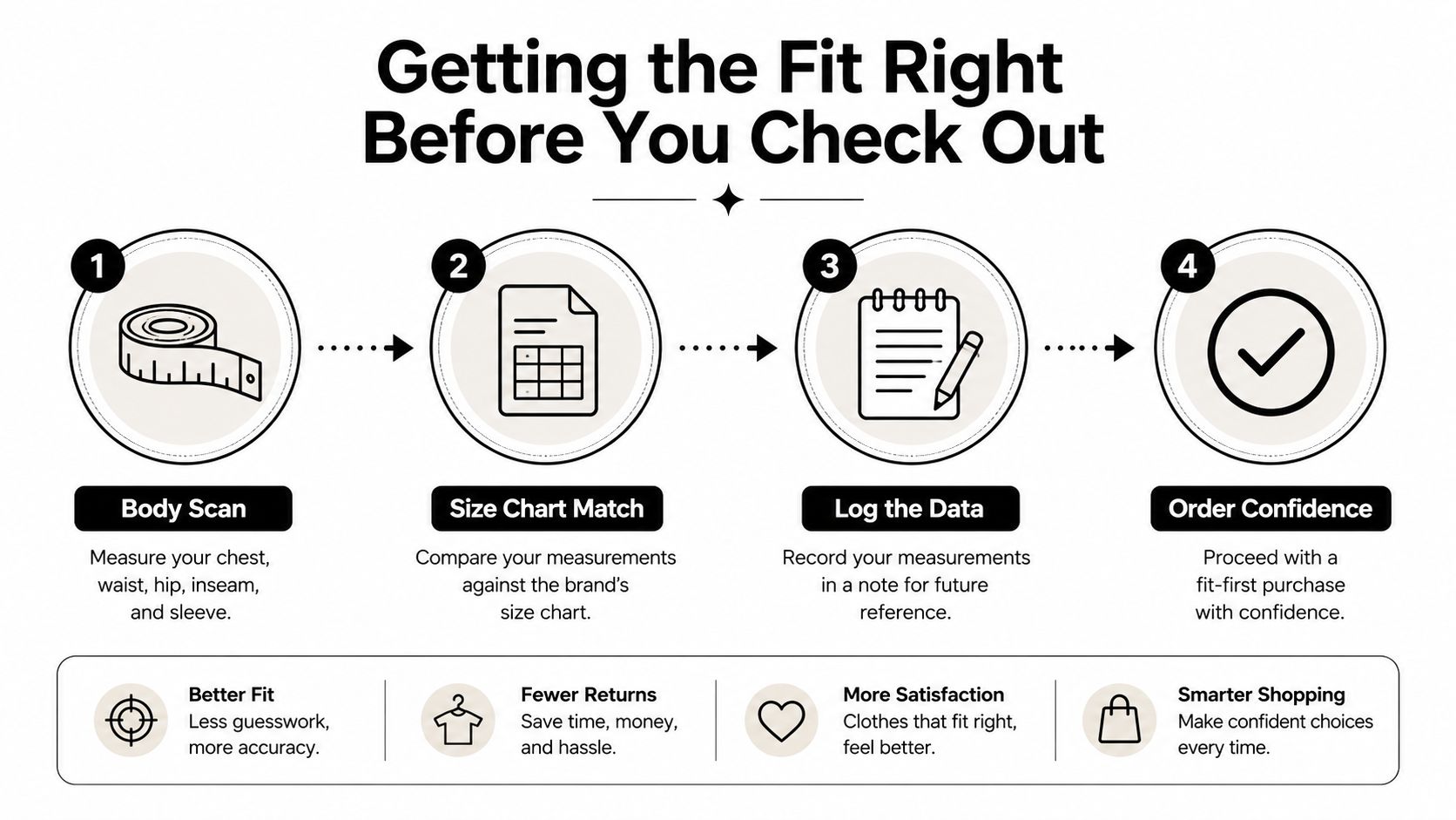 A four-step infographic illustrating how to correctly measure your body for a better online clothing fit.