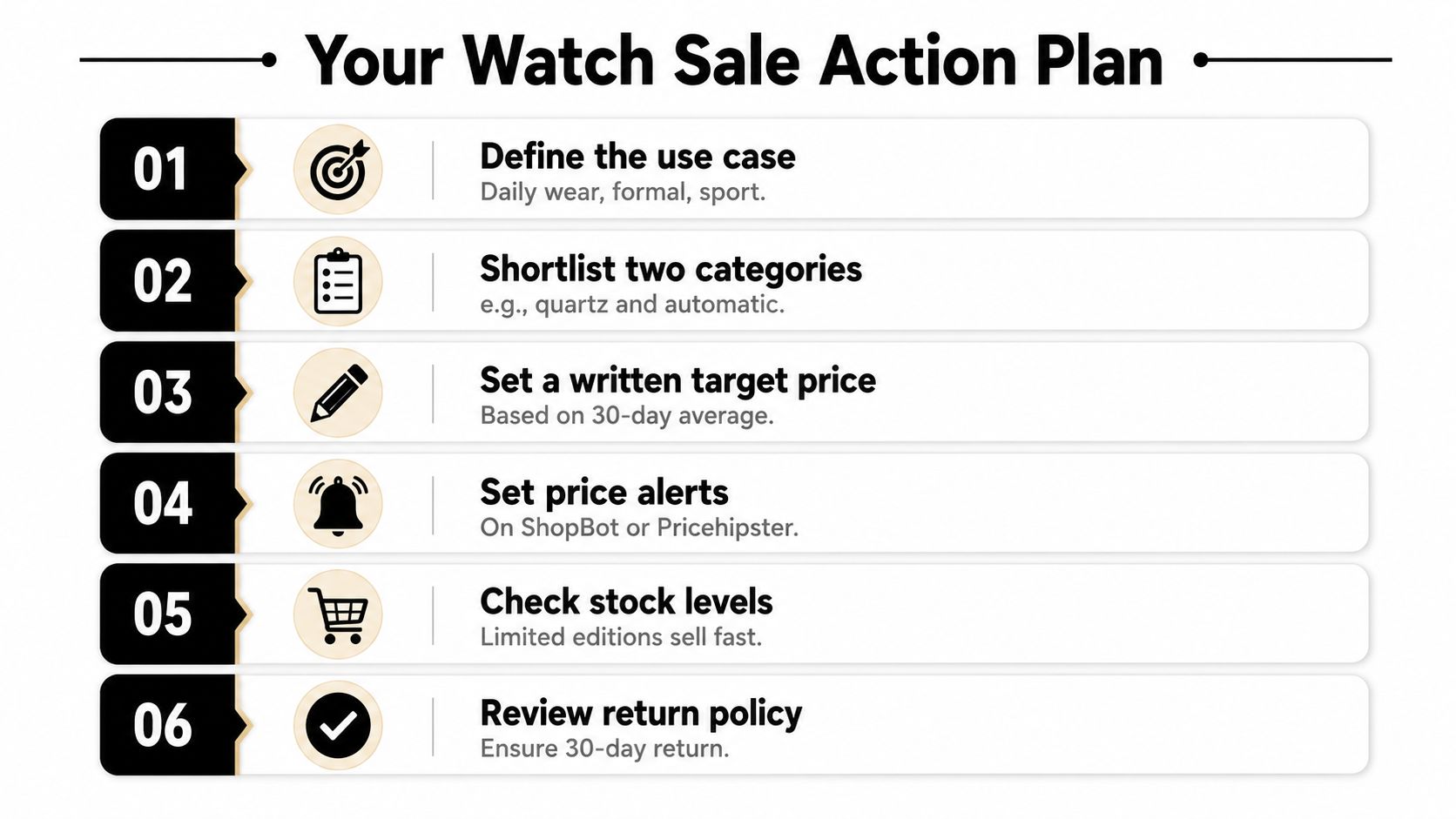 A six-step checklist infographic titled Your Watch Sale Action Plan designed for shoppers planning to buy watches.
