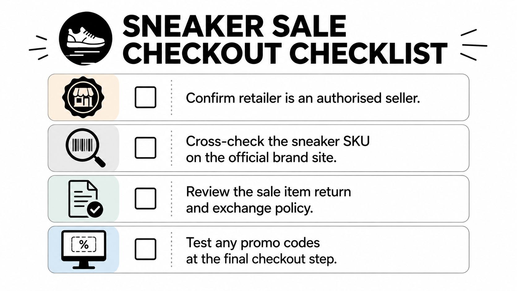 A checklist infographic titled Sneaker Sale Checkout Checklist with four steps for shopping safely online.