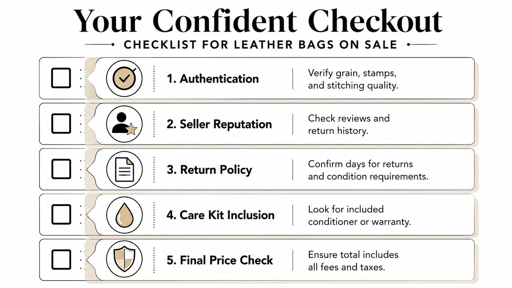 A five-point checklist for verifying the quality and terms of leather bags purchased on sale.