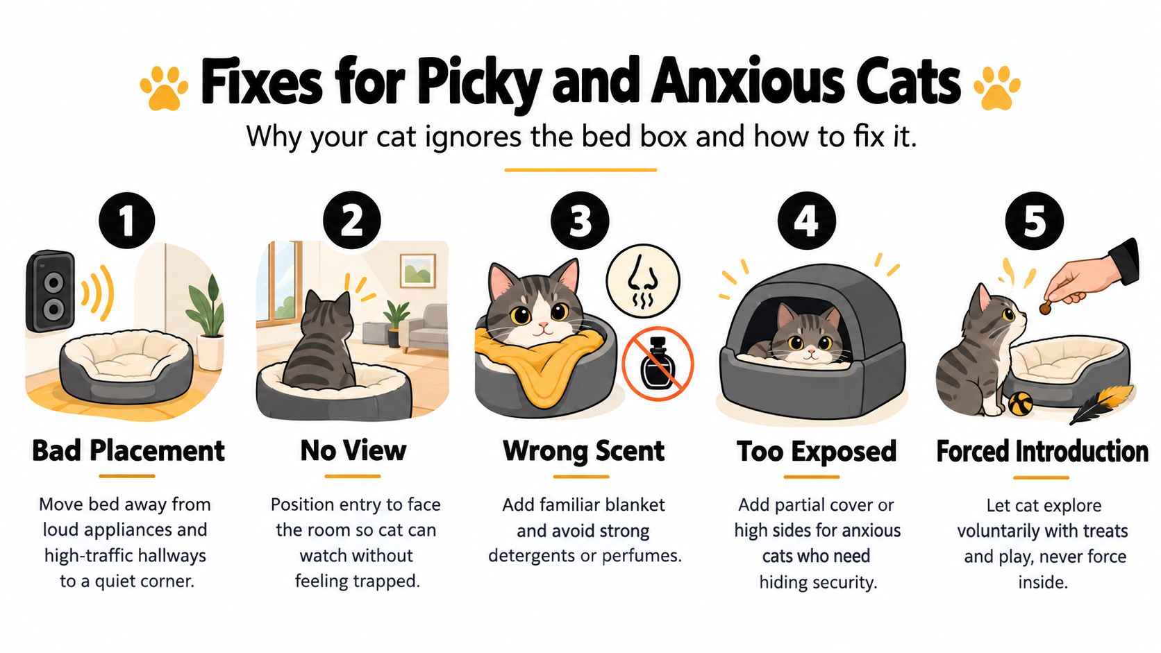 An infographic titled Fixes for Picky and Anxious Cats showing five tips for placing cat beds properly.