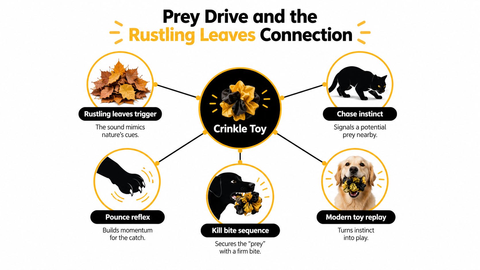A diagram explaining how crinkle toys simulate natural prey drive and hunting behaviors in dogs and cats.