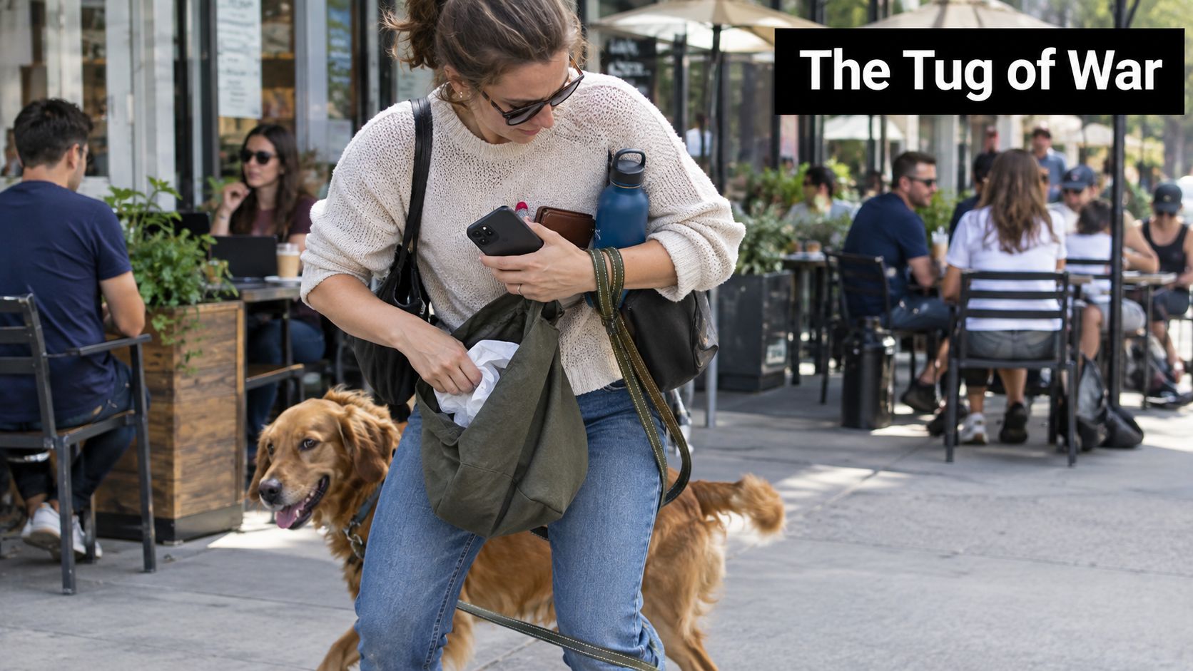 A woman carrying a green tote bag with multiple items while walking her golden retriever on a sidewalk.
