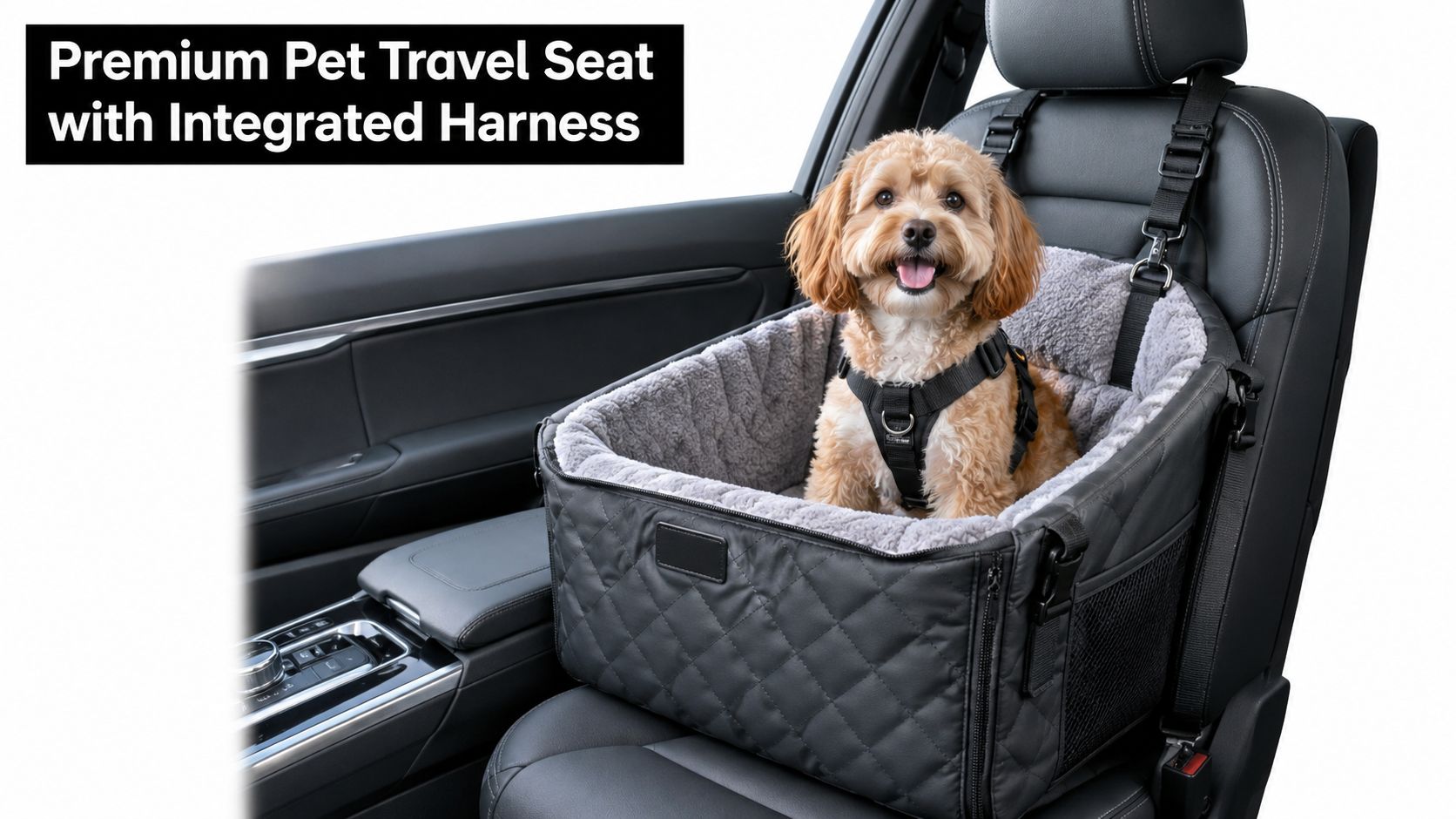 A small dog sitting comfortably in a black, cushioned pet travel seat secured in a car.