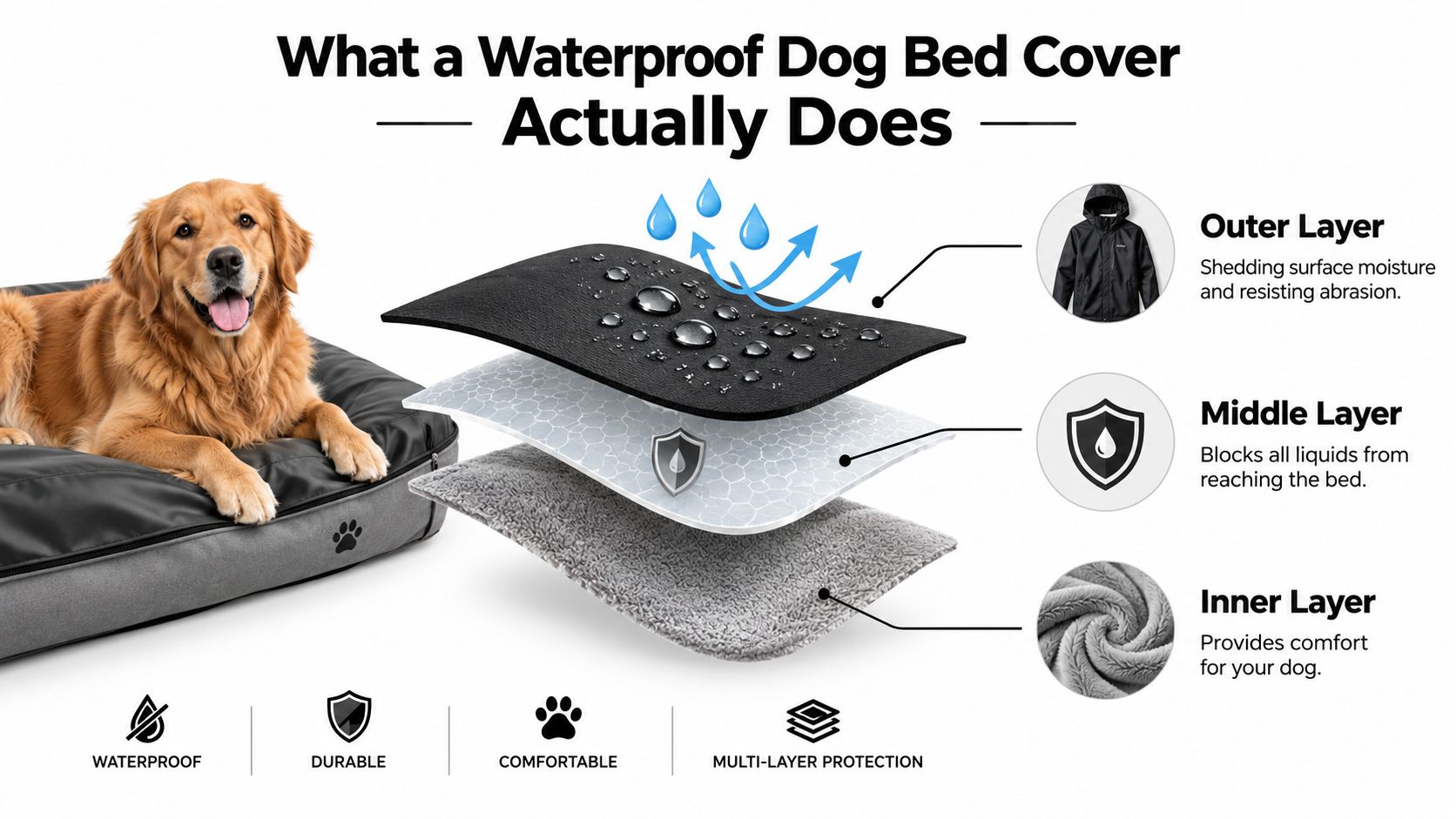 A diagram illustrating the three-layer construction of a waterproof dog bed cover for maximum protection and comfort.