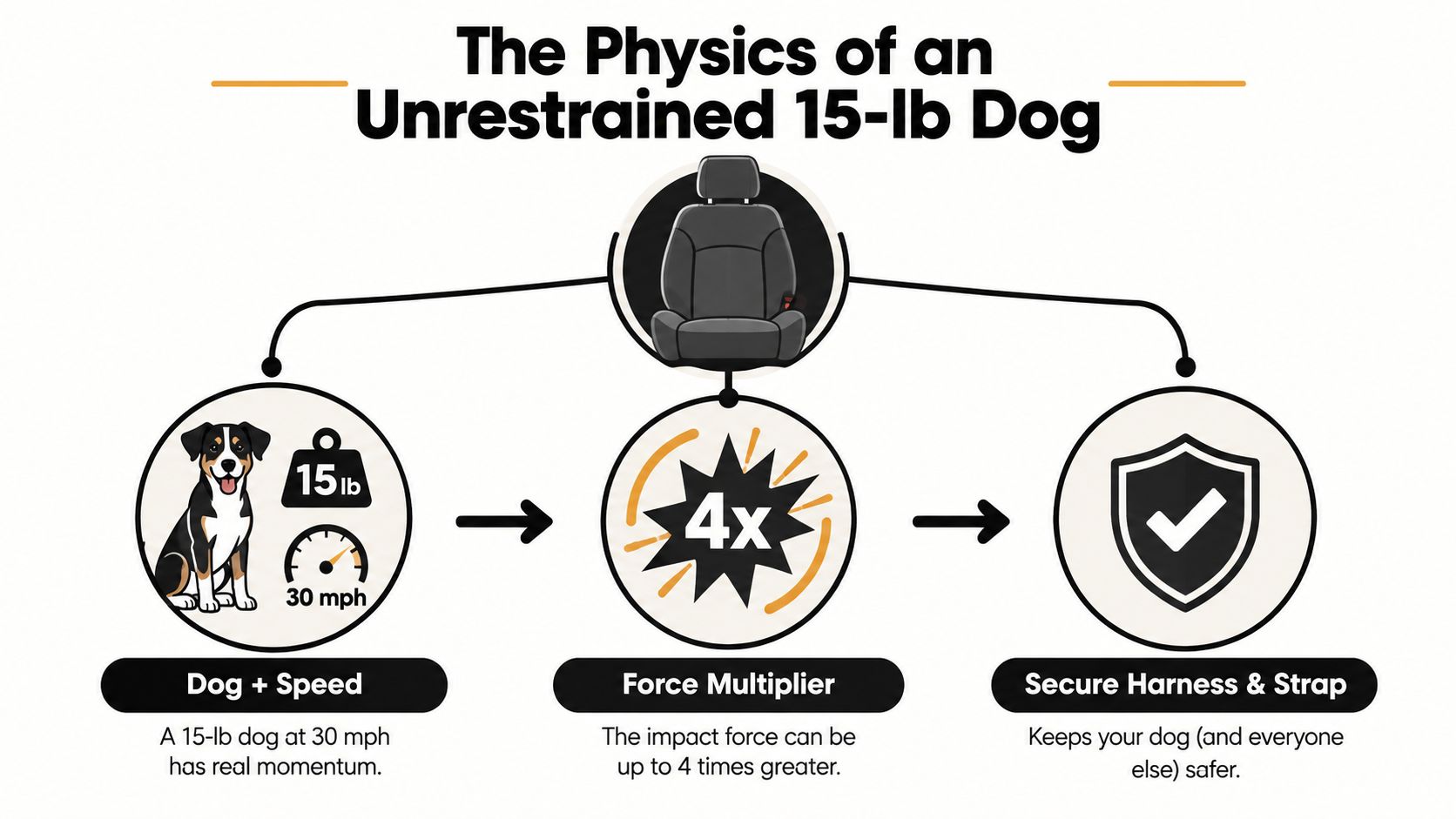 An infographic showing the physics of why a 15-pound dog needs to be restrained in a car.