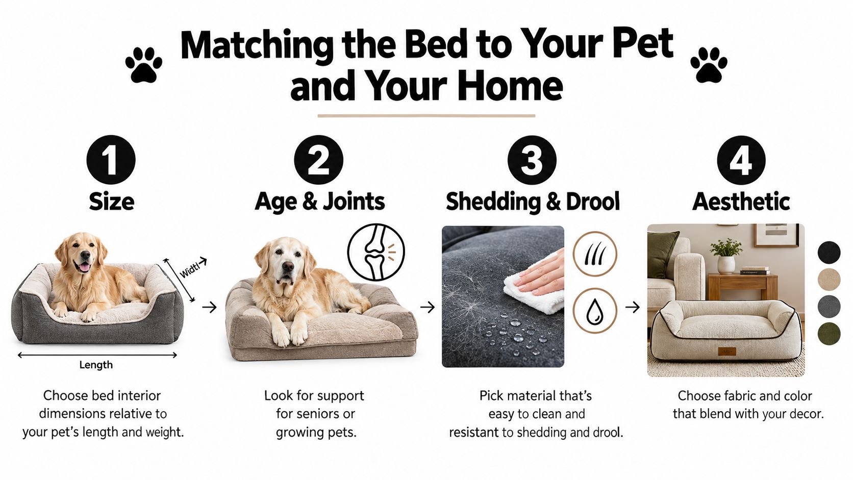 A helpful infographic showing four steps to choose the right dog bed based on size and needs.