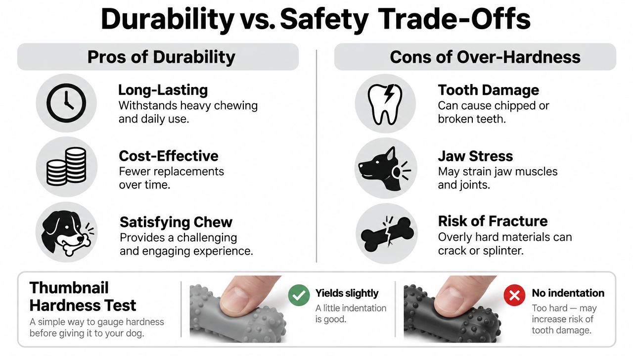 A graphic comparing dog toy durability against safety risks like tooth damage and jaw stress.