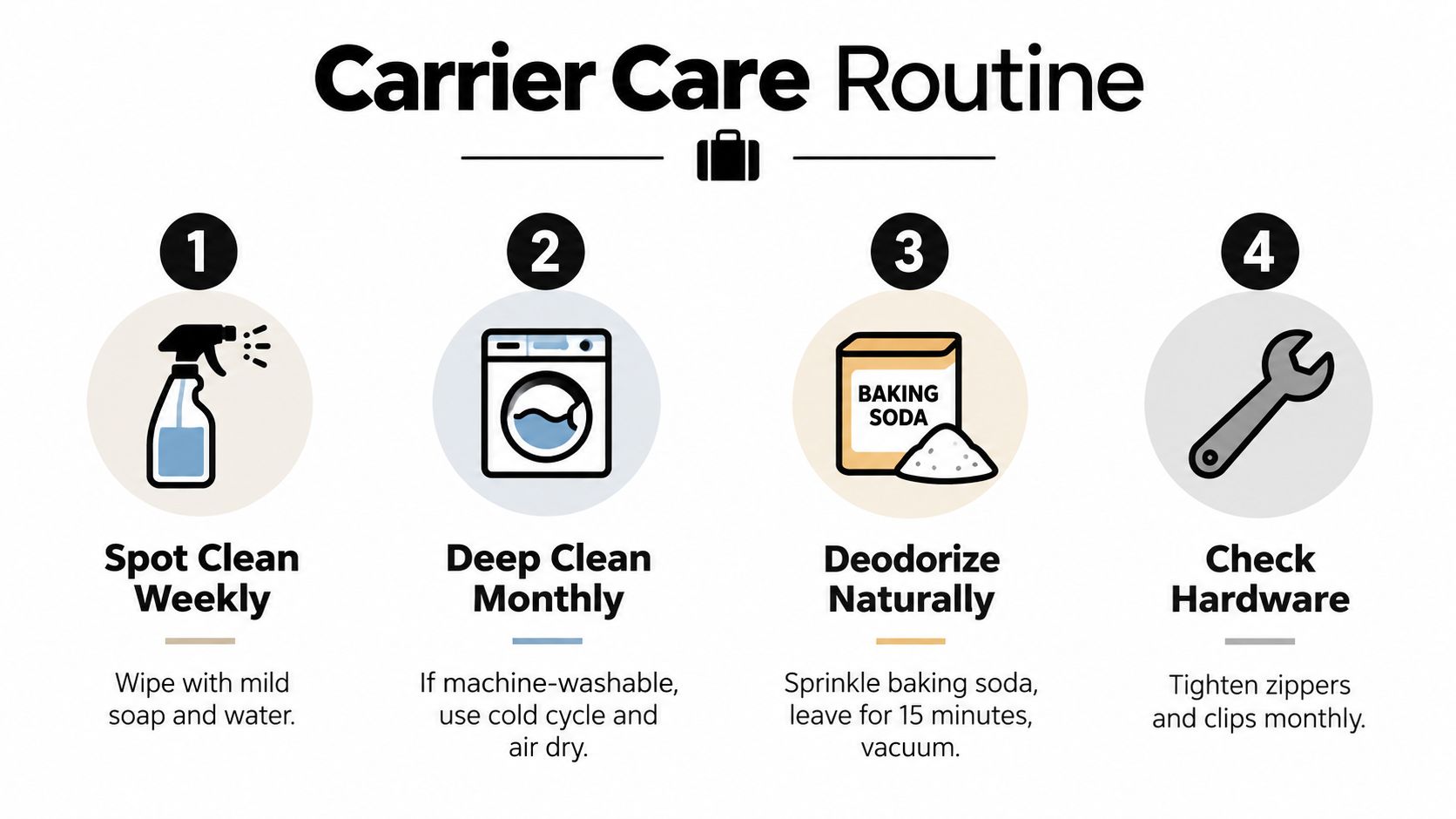 An infographic titled Carrier Care Routine with four steps for cleaning and maintaining pet carriers.