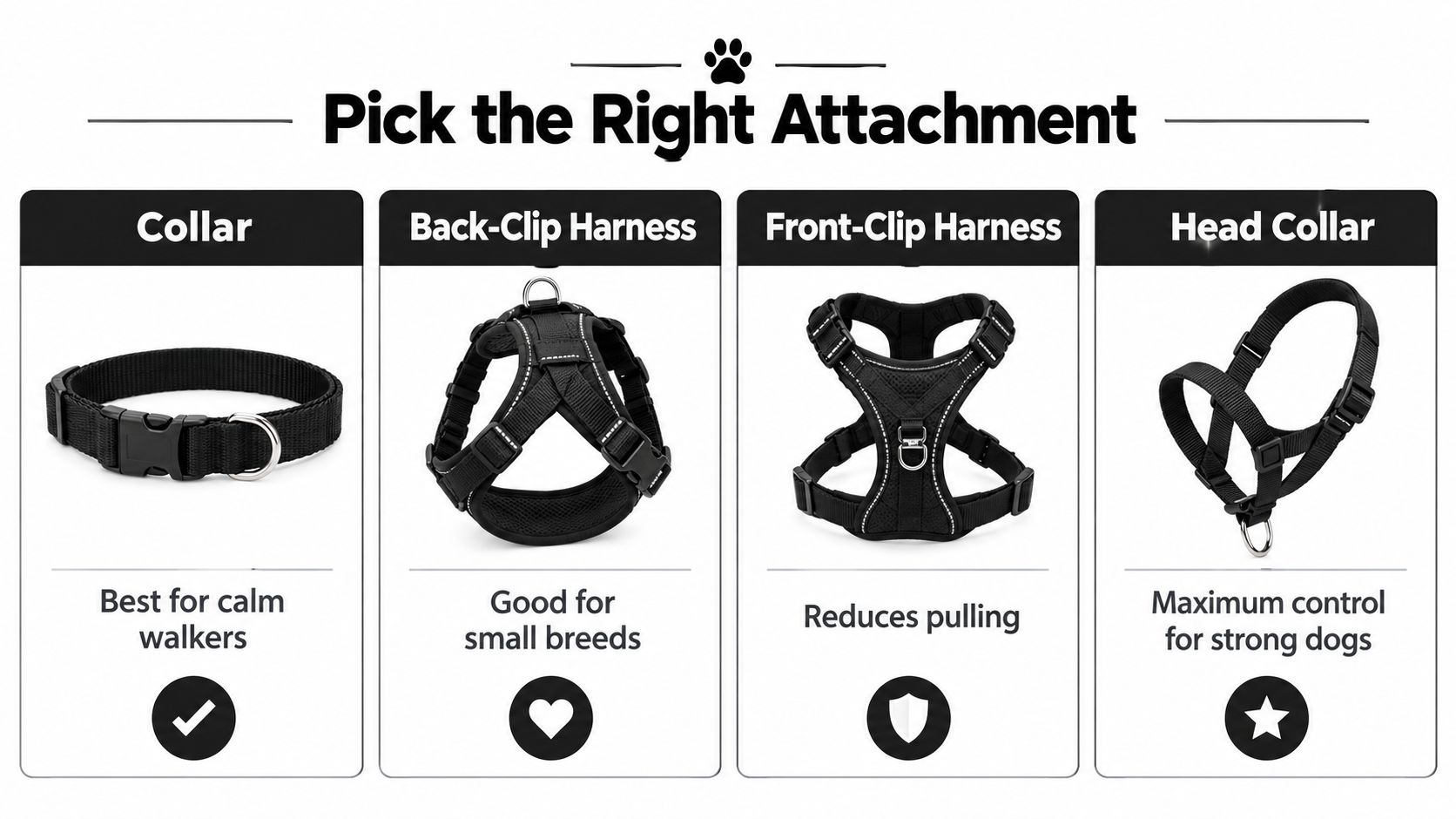 A guide showing four different types of dog walking attachments, including collars, harnesses, and head collars.