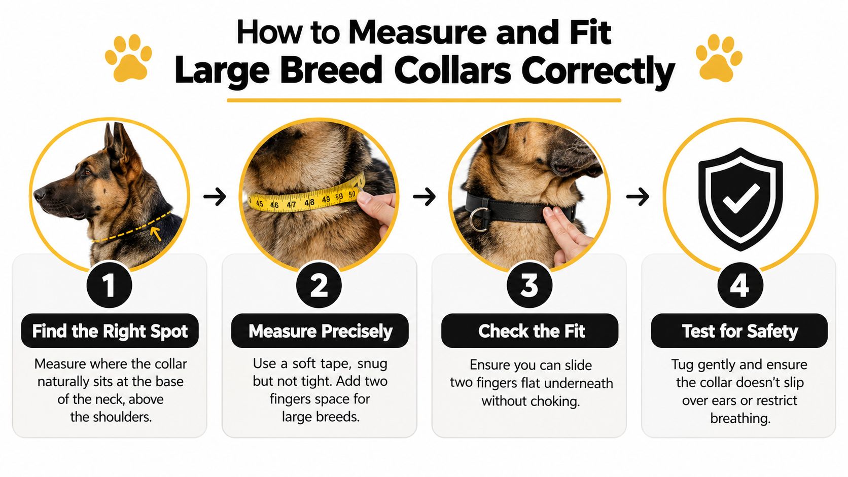 An infographic showing four simple steps to correctly measure and fit a collar for a large breed dog.