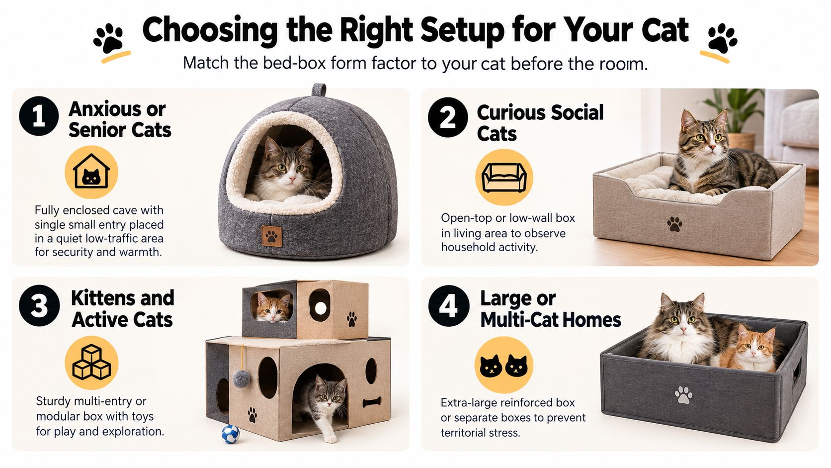 An infographic showing four different types of cat beds matched to various cat temperaments and needs.