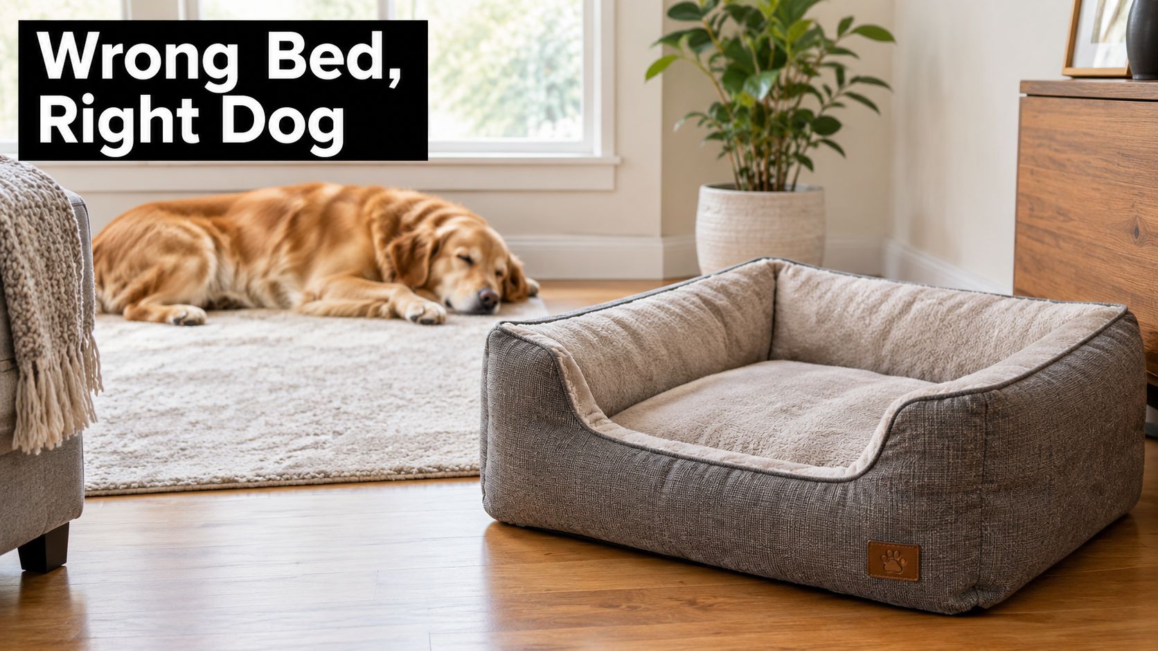 A golden retriever sleeping on a rug next to a gray rectangular dog bed on a hardwood floor.