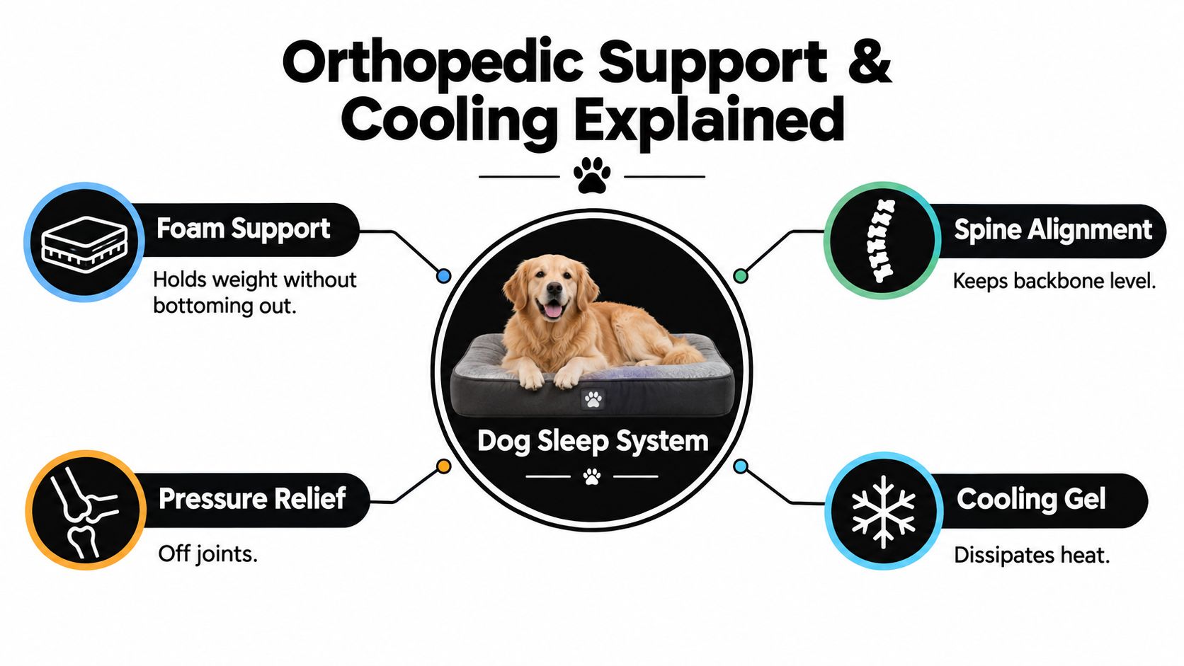 An infographic detailing the orthopedic support and cooling features of a dog bed for pets.