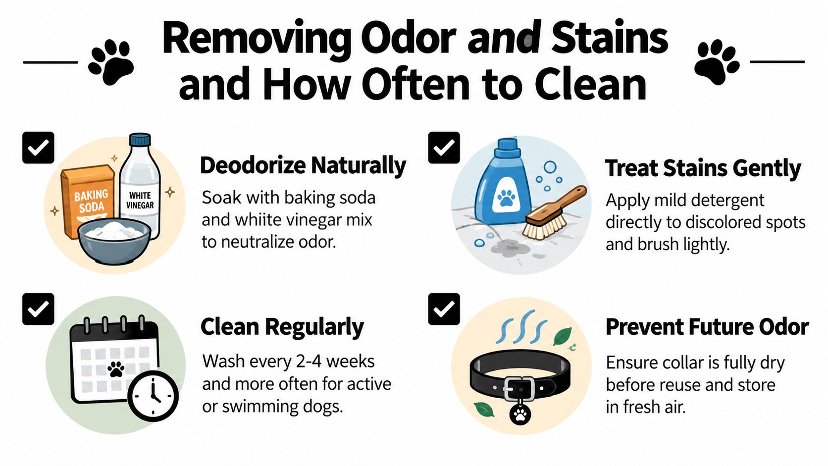 An infographic illustrating four simple steps for cleaning and deodorizing a dirty dog collar at home.