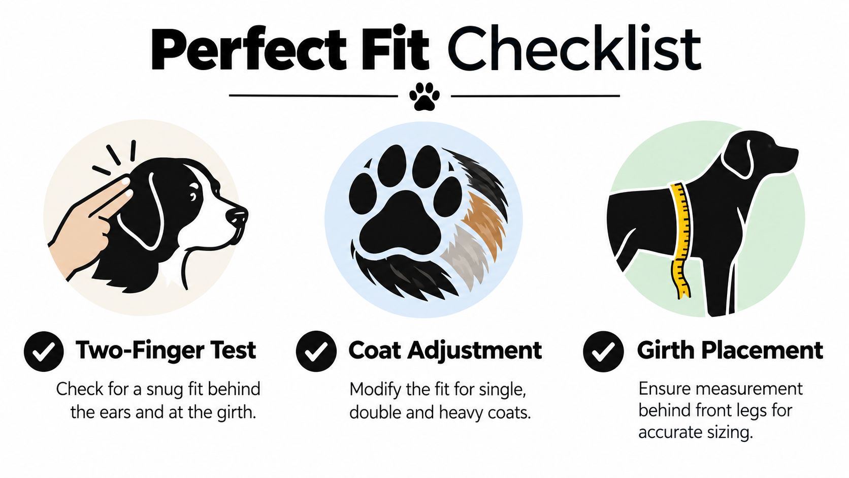 A helpful infographic showing three steps to ensure the perfect fit for a dog harness or garment.