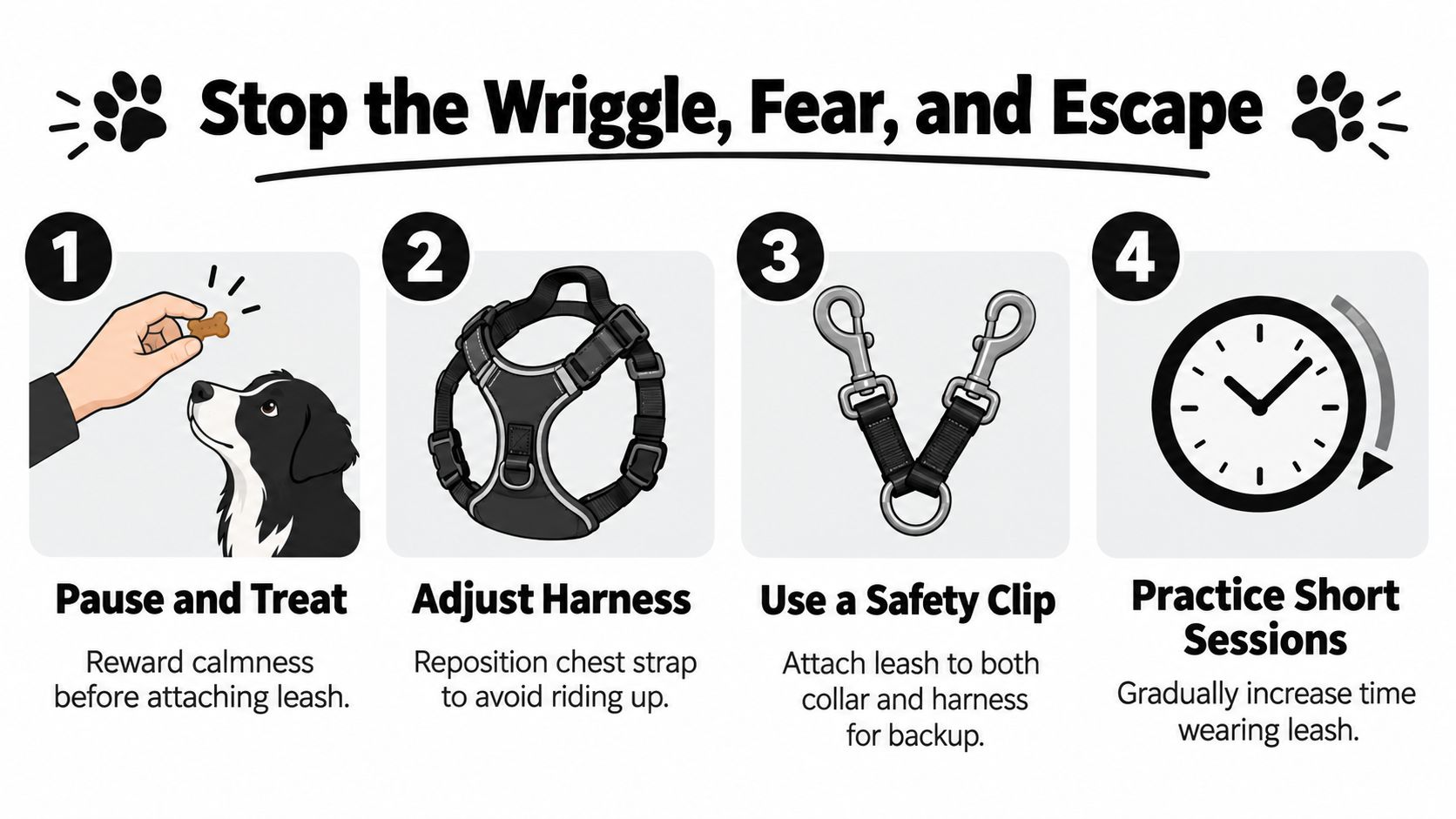A four-step instructional guide on how to safely leash a dog to prevent wriggling and escaping.