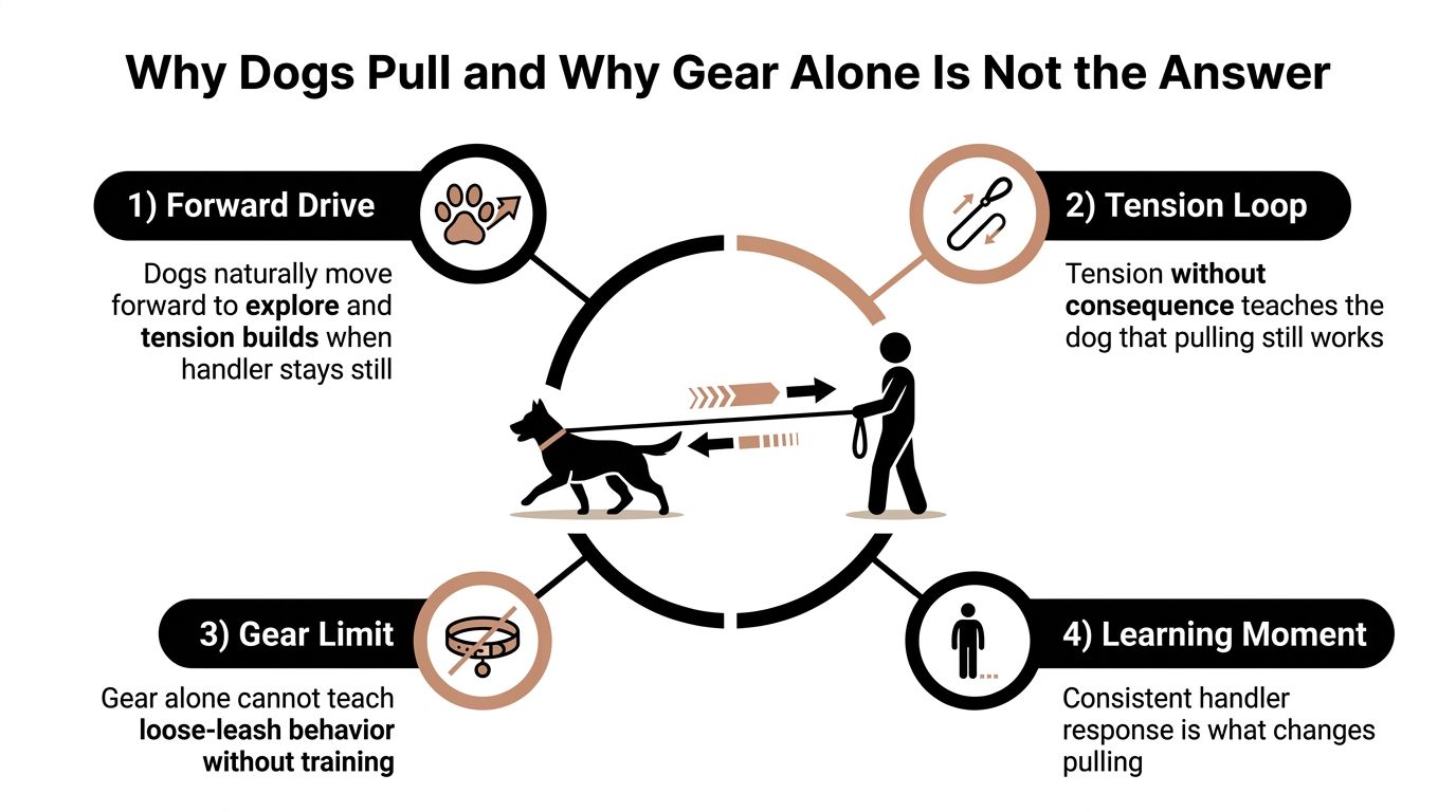 An infographic explaining why dogs pull on leashes and emphasizing that training is more important than equipment.