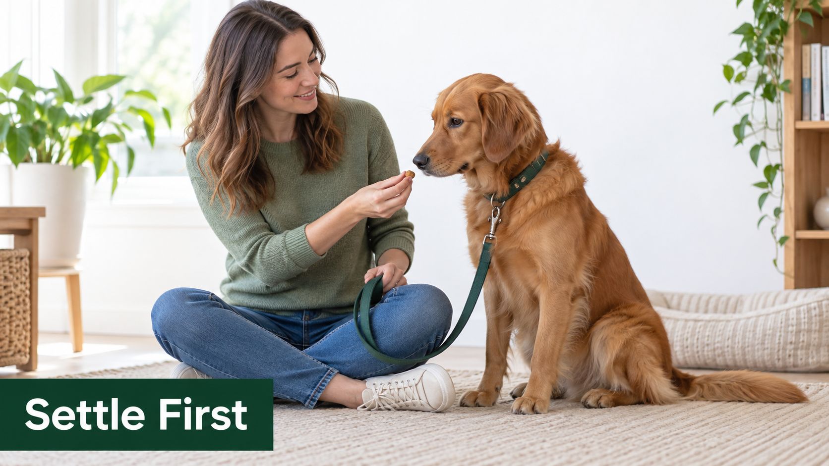 A woman sitting on a rug and training her golden retriever dog with a small treat.