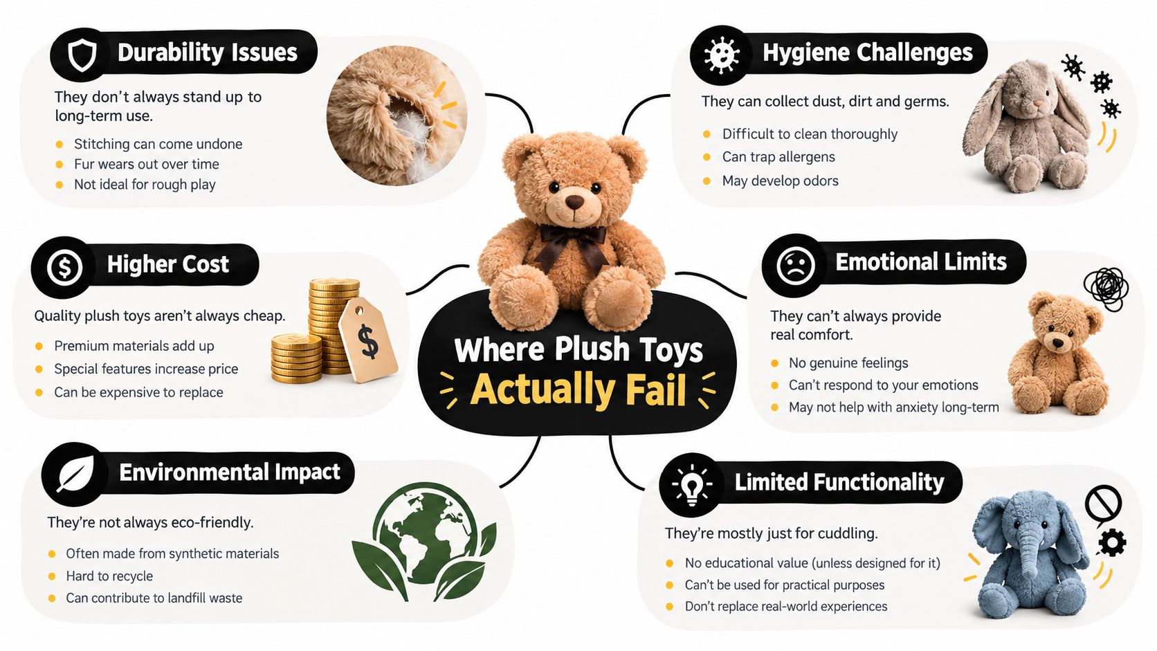 An infographic titled Where Plush Toys Actually Fail, highlighting issues like durability, hygiene, and environmental impact.